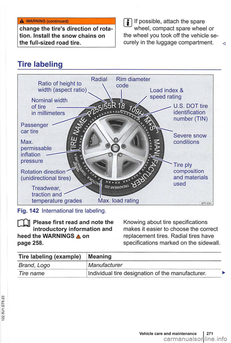 VOLKSWAGEN GOLF 2010  Owners Manual N 
change the tires  direction  of 
Ratio of height to 
width  (aspect  ratio) 
Nominal  width 
of tire 
in  millimeters 
car tire 
Treadwear, 
traction  and 
temperature 
grades 
Rad ial 
F ig. 142 