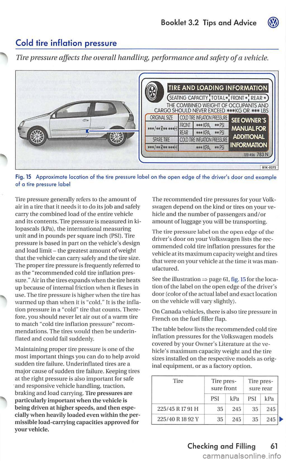 VOLKSWAGEN GOLF 2006  Owners Manual 3.2 Tips and  Advice 
refers  to the amount of air in a  tire that it needs it to do its job and  safe ly carry the combined load of the entire 
on the d esign and load limit-the greatest amount of we