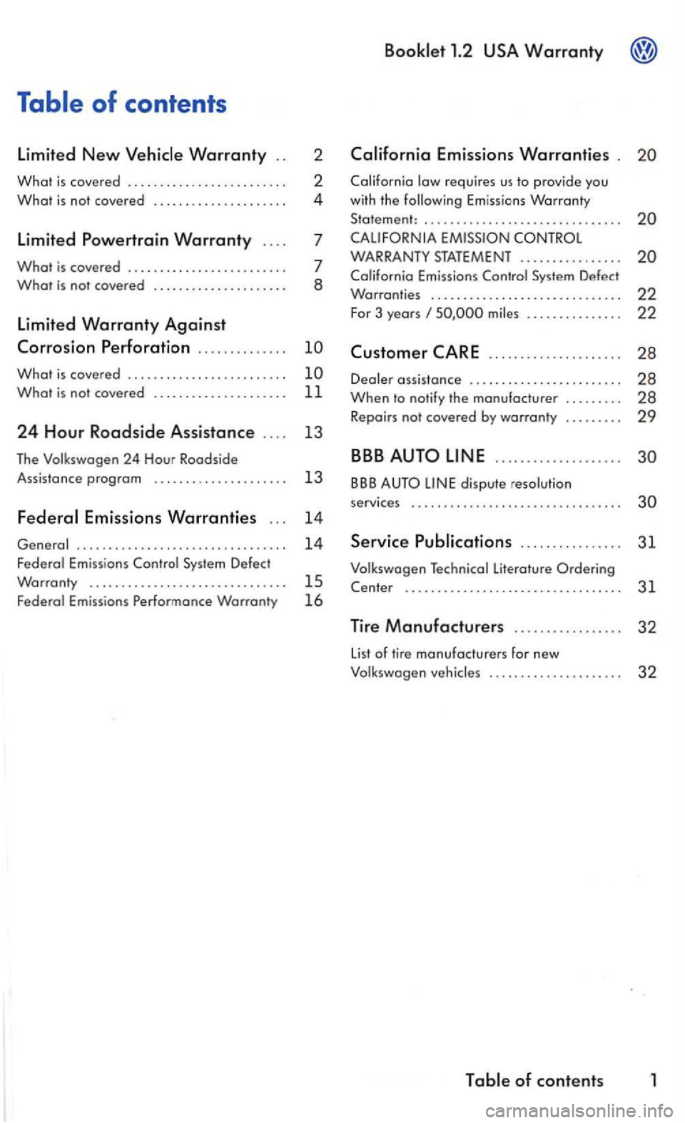 VOLKSWAGEN GOLF 2006  Owners Manual Table of contents 
Limited New 
. . .  . 
7 What is not covered  . . .  . .  . .  . . .  . . .  . . . . .  . .  .  8 
Limited Warranty Against 
What  is covered .  . . . .  . . .  . . .  . . . .  . . 