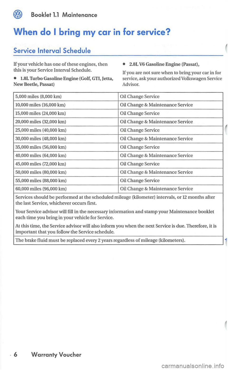 VOLKSWAGEN GOLF 2004  Owners Manual Booklet 1.1 Maintenanc e 
When do 
If your ve hicl e has one or these th e n lhis  is your Service Schedule. 
1.8L Turbo  Gaso line Eng ine 
km) 
miles km) 
miles 
mile s 
miles 
miles kml 
mile s 
km