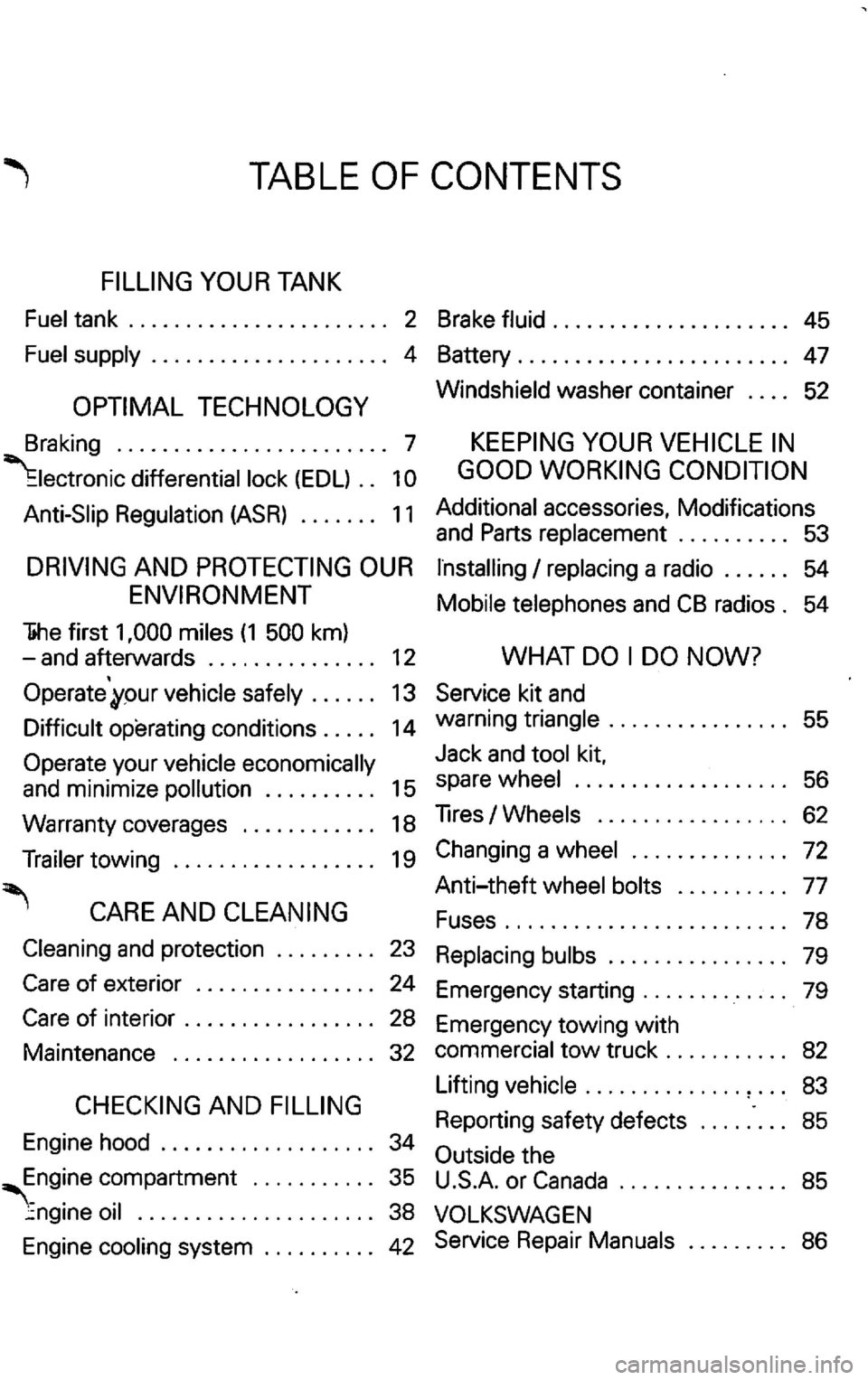 VOLKSWAGEN GOLF 2003  Owners Manual TABLE  