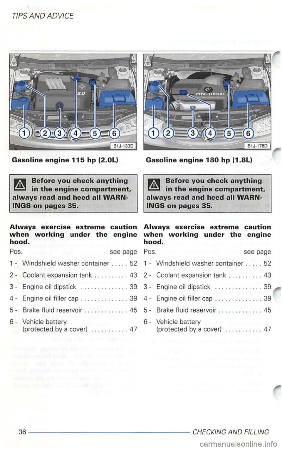VOLKSWAGEN GOLF 2003  Owners Manual see page see page 
1  -
washer  container  ..... 52 
2  -expansion  tank .......... 43  2 -
cap .............. 39 
5-Brake 
battery 
(protected  by a cover) ........... 47  (protected  by a cover) ...