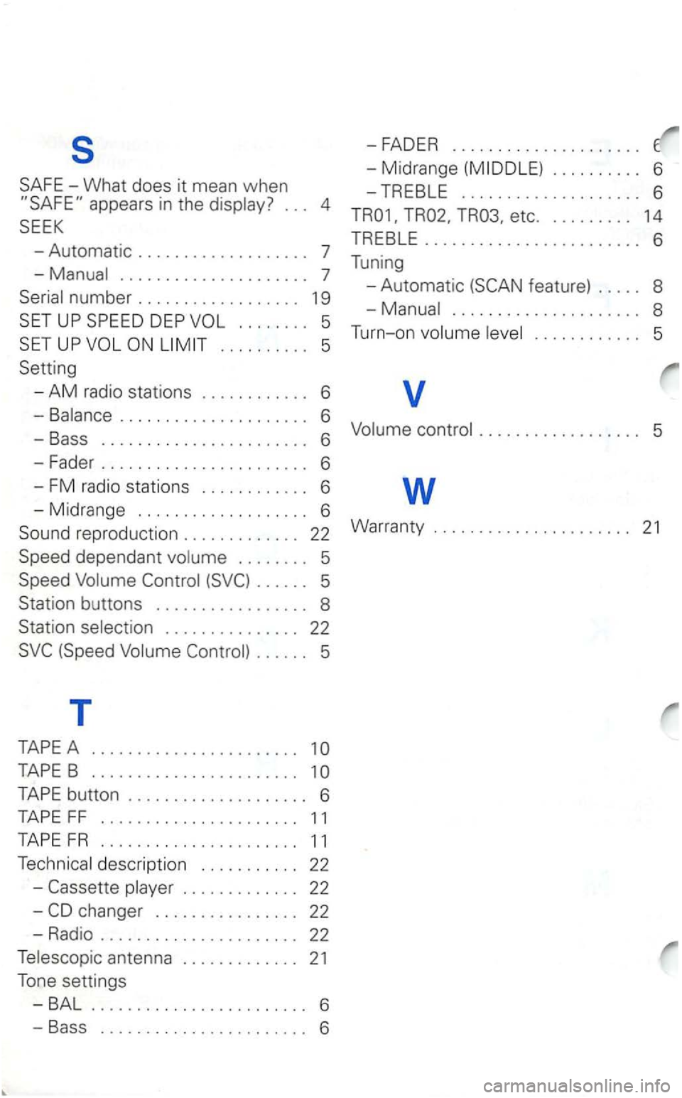 VOLKSWAGEN GOLF 2002  Owners Manual s 
-What does it  mean when . . .  4 
- Automatic  . . . .  . . . . . . . . . . . . . . .  7 
........ 5 
.......... 5 
-AM radio stations  . . . . . . .  . . . . .  6 
..................... 6 
-Bass 
