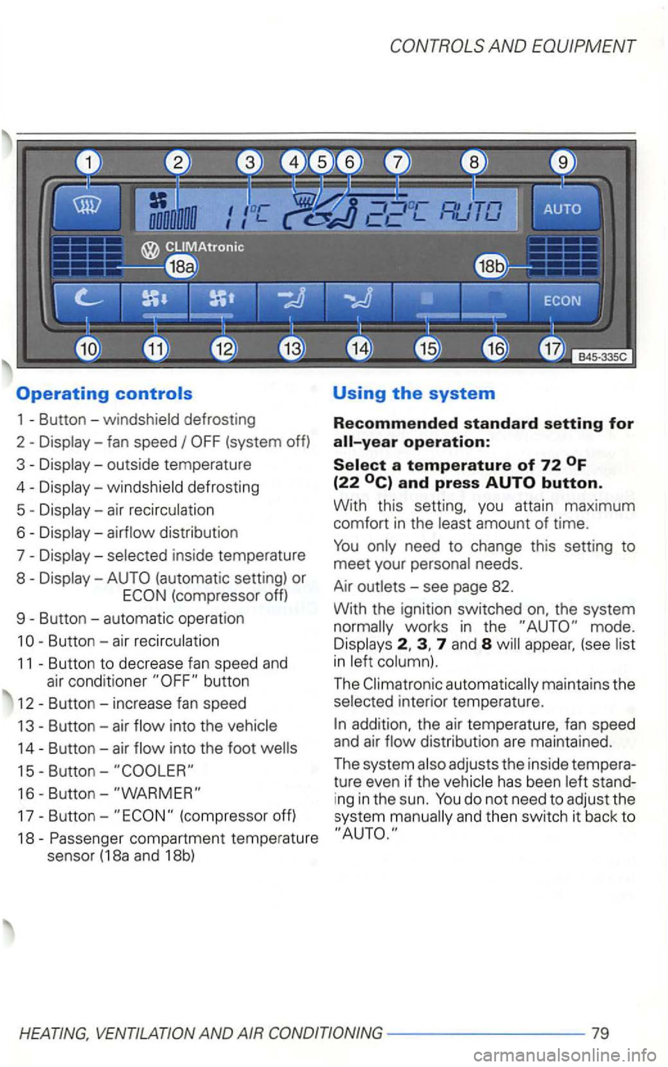 VOLKSWAGEN GOLF 2001  Owners Manual Operating 
1 
fan speed 
distribution 
7 
inside  temperature 
8 
(automatic  setting) or (compressor  off) 
9 
Button  -automatic  operation 
1 
button 
12 
Button  - air into the 
14 Button  -air in