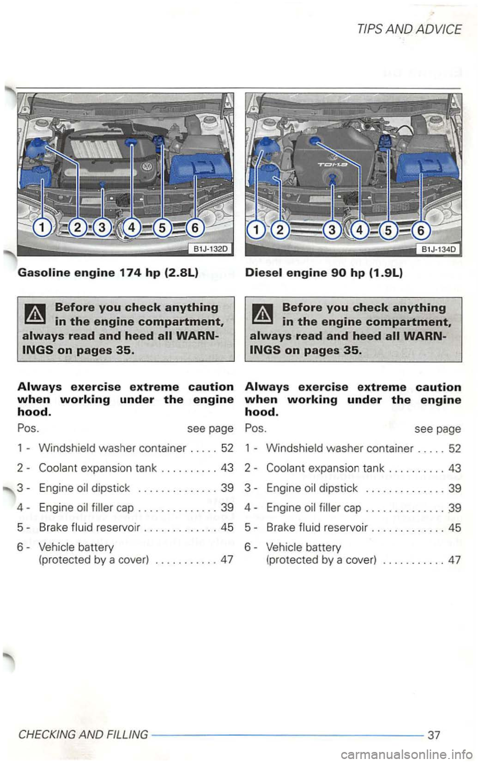 VOLKSWAGEN GOLF 2001  Owners Manual Before you check anything 
washer container  .....  52 1 -
dipstick .............. 39 3-Engine 
cap .............. 39 4-Engine cap  .............. 39 
5-Brake 
battery 
(pro tected by a cover) .......