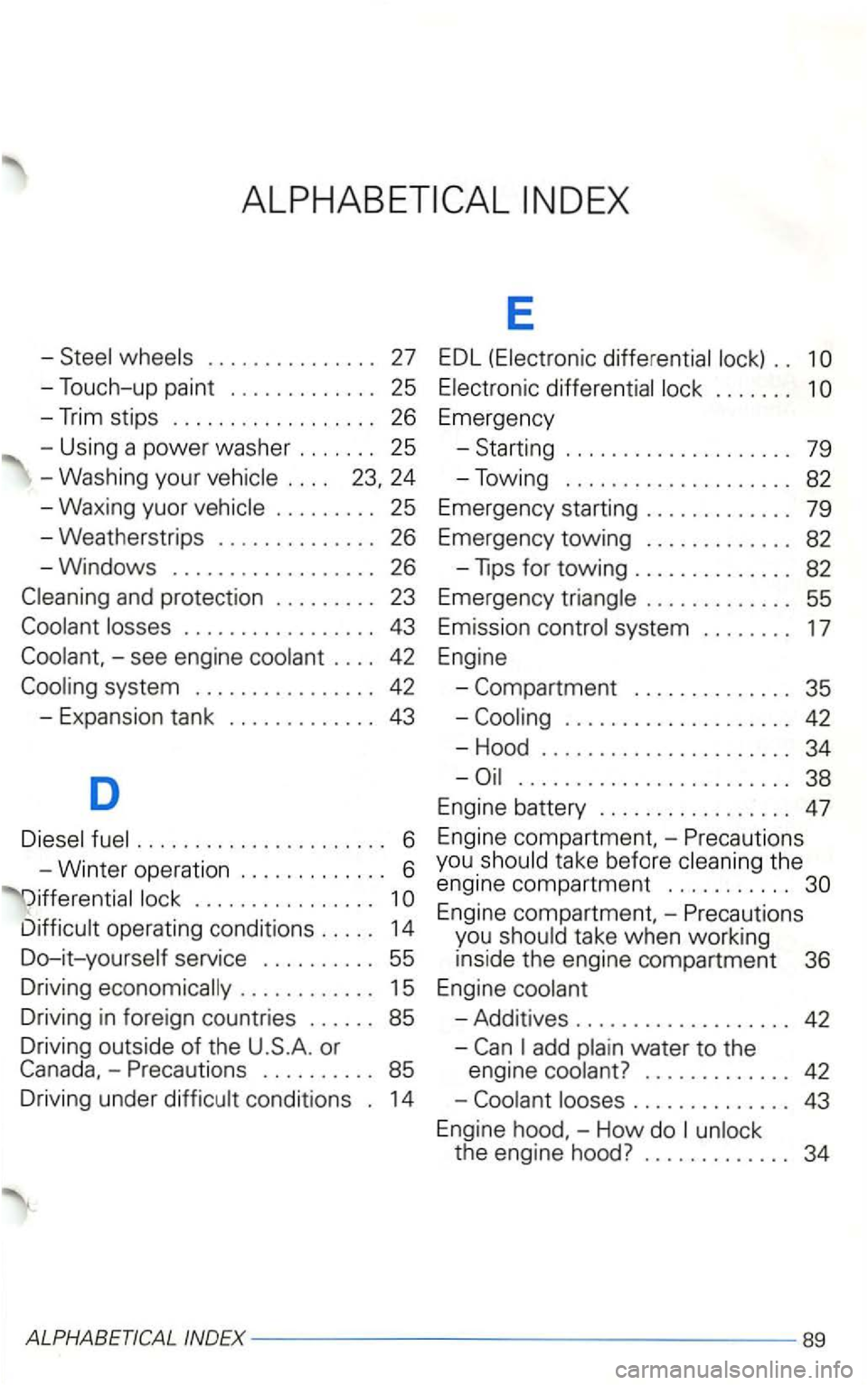 VOLKSWAGEN GOLF 2001 Owners Manual E
-. .
-Touch -up paint . . . . . . . . . . . . . 25 . . . . . . .
. . . .
. . . . . . . . . 25 Emergency starting . . . . . . . . . . . . . 79
- Weatherstrips . . . . . . . . . VOLKSWAGEN GOLF 2001 Owners Manual E
-. .
-Touch -up paint . . . . . . . . . . . . . 25 . . . . . . .
. . . .
. . . . . . . . . 25 Emergency starting . . . . . . . . . . . . . 79
- Weatherstrips . . . . . . . . .