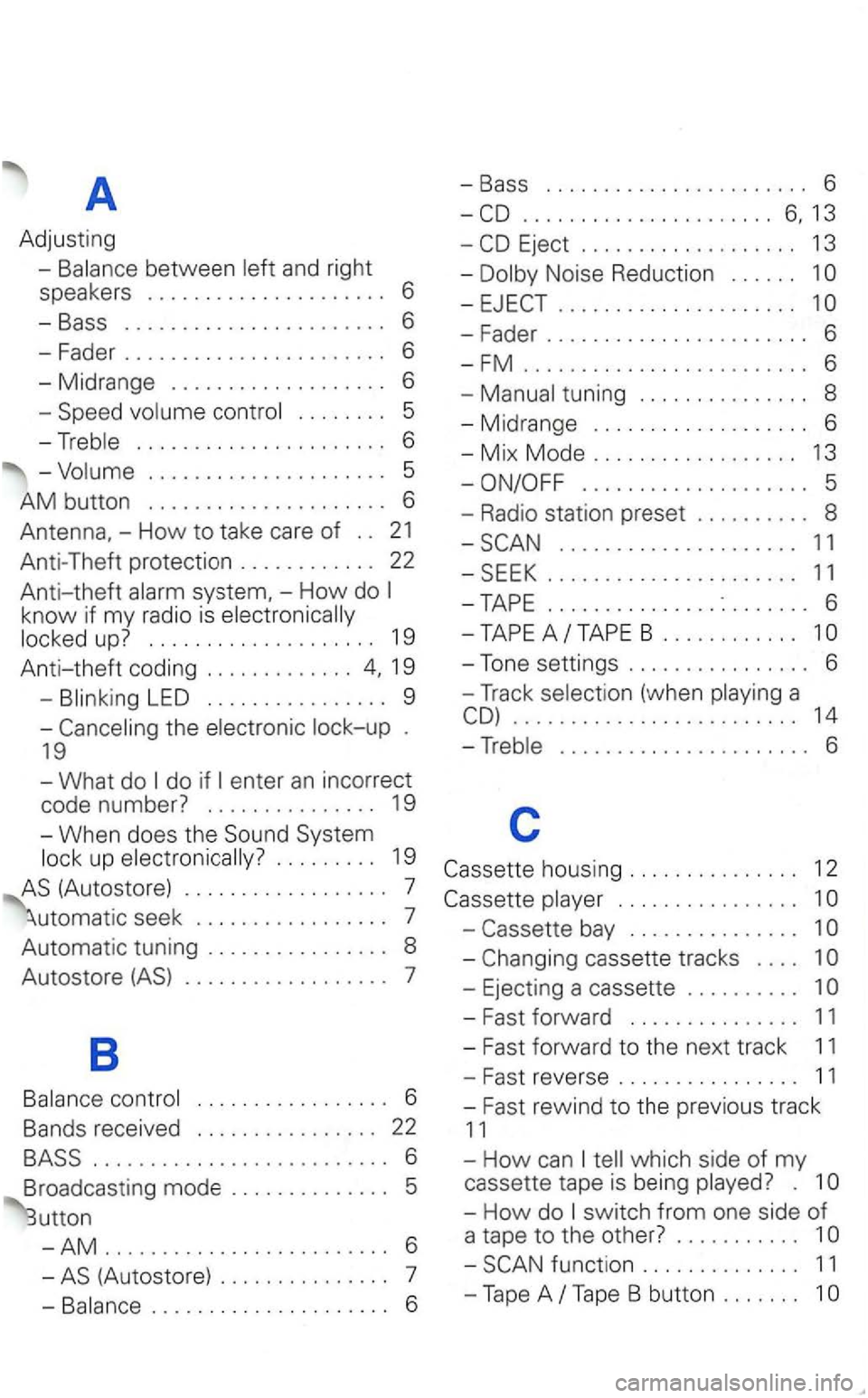 VOLKSWAGEN GOLF 2001 Owners Manual A
Adjusting
. . . . . . . . 5
..................... 5
AM button ..................... 6
Antenna,-How to take care of . . 21
Anti-Theft protection . . . . . . . . . . . . 22
Anti-theft VOLKSWAGEN GOLF 2001 Owners Manual A
Adjusting
. . . . . . . . 5
..................... 5
AM button ..................... 6
Antenna,-How to take care of . . 21
Anti-Theft protection . . . . . . . . . . . . 22
Anti-theft