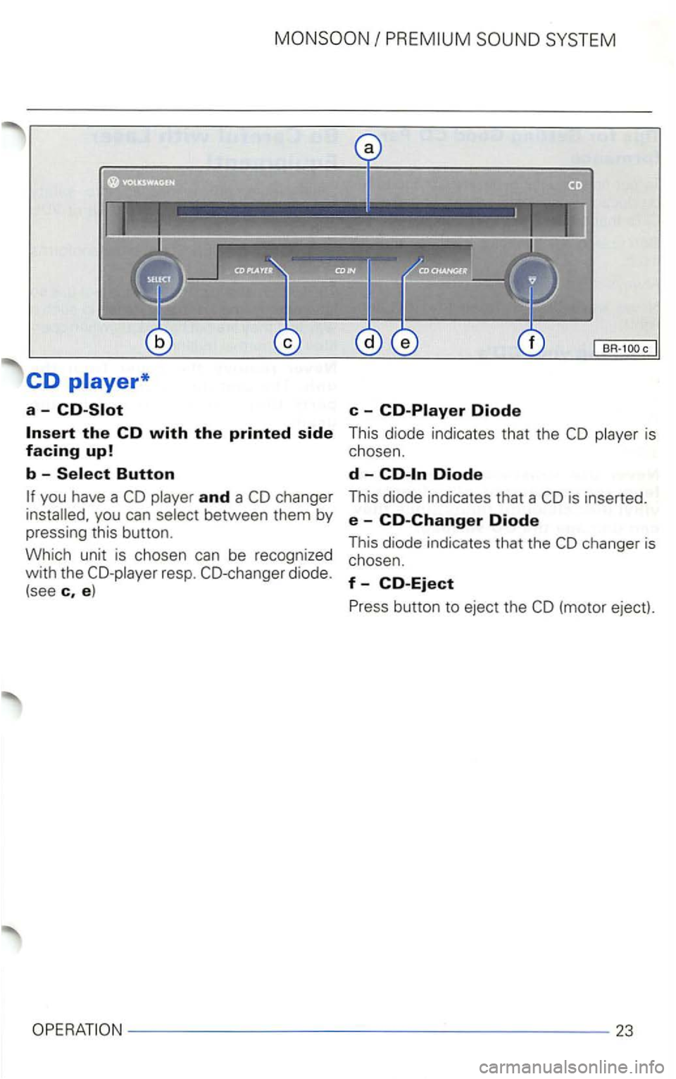 VOLKSWAGEN GOLF 2001  Owners Manual CD 
a-
and a you can 
resp. 
is  inserted. 
e  -CO-Changer Diode 
This  diode  indicates  that the 
23  