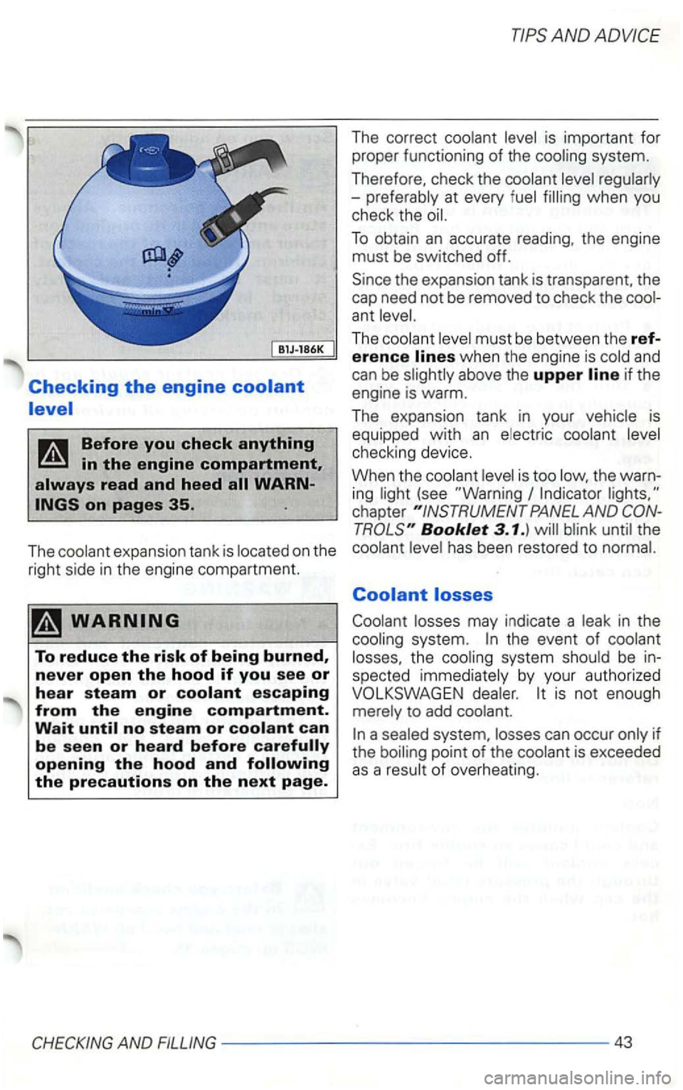 VOLKSWAGEN GOLF 1999  Owners Manual system. 
Therefore , c h eck  the 
when  you 
check  the 
must be between  th e ref-erence when  the en gine  is 
on the 
right  side  in the  engine  compartment. 
above the upper if the 
engine  is 