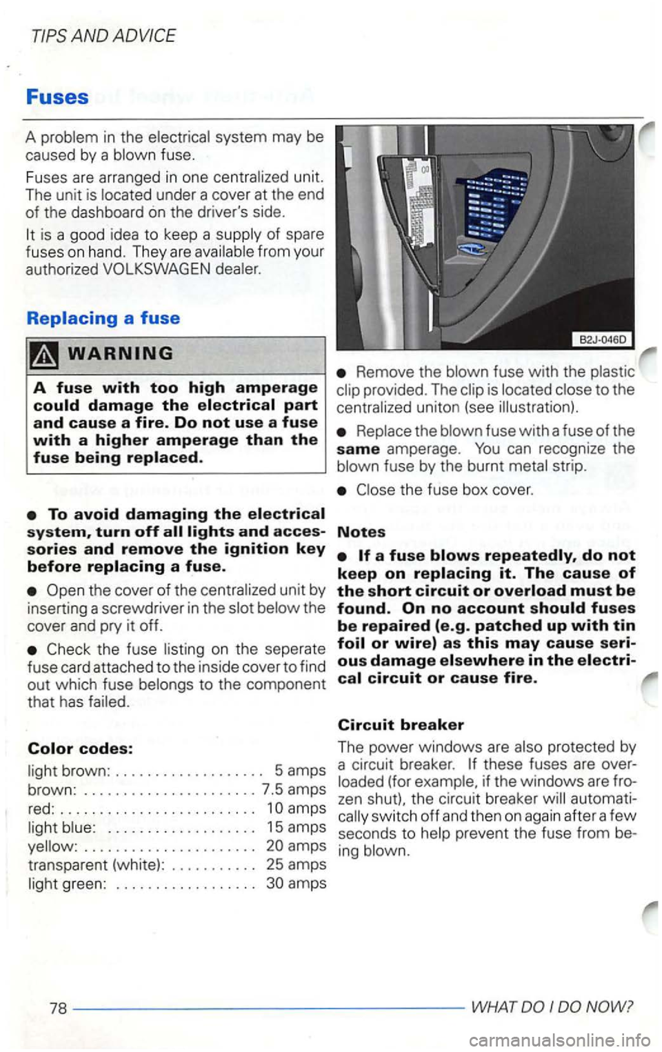VOLKSWAGEN GOLF 1999  Owners Manual AND ADVICE 
Fuses 
A system may be 
caused  by a 
under  a cover  at the  end 
of the  dashboard  6n the  drive rs side. 
from  you r 
autho
rized 
Replacing a fuse 
th e cover of the  centralized un