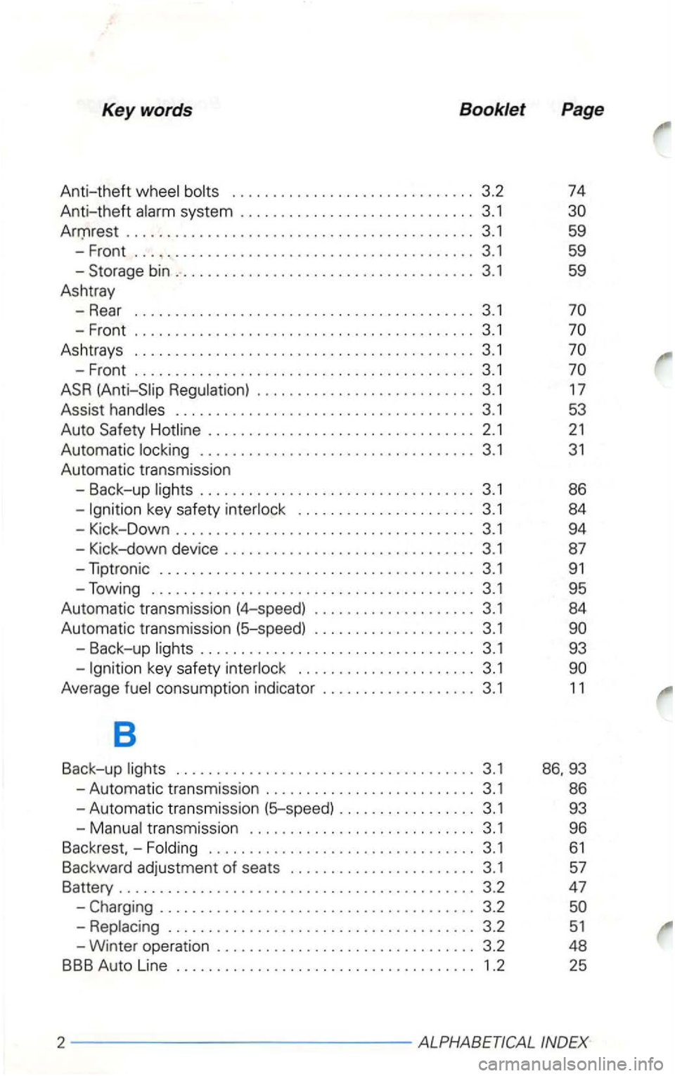 VOLKSWAGEN GOLF 1998  Owners Manual Keywords  Booklet 
Page 
Anti-theft .............................. 3.2 74 
Anti-theft 
t  . . . .  . . .  . . . .  . . . . . .  . . . . .  . . . .  . . .  . . . .  . . . .  . . . . . .  3. 1 59 
-Fron