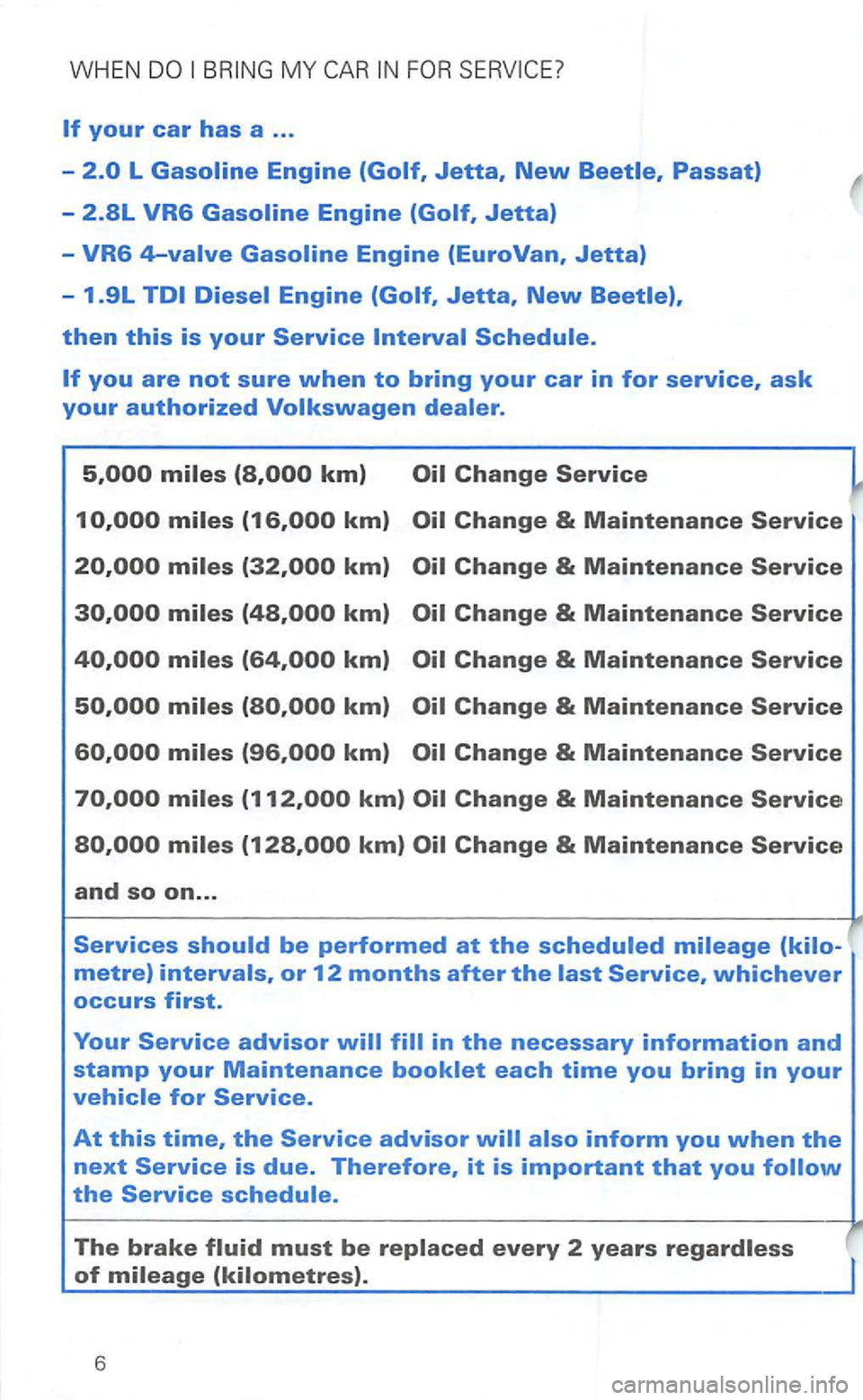 VOLKSWAGEN GOLF 1998  Owners Manual WHEN 
Jetta, New 
5,000 
(16,000 km) 
The brake 
of 
6  