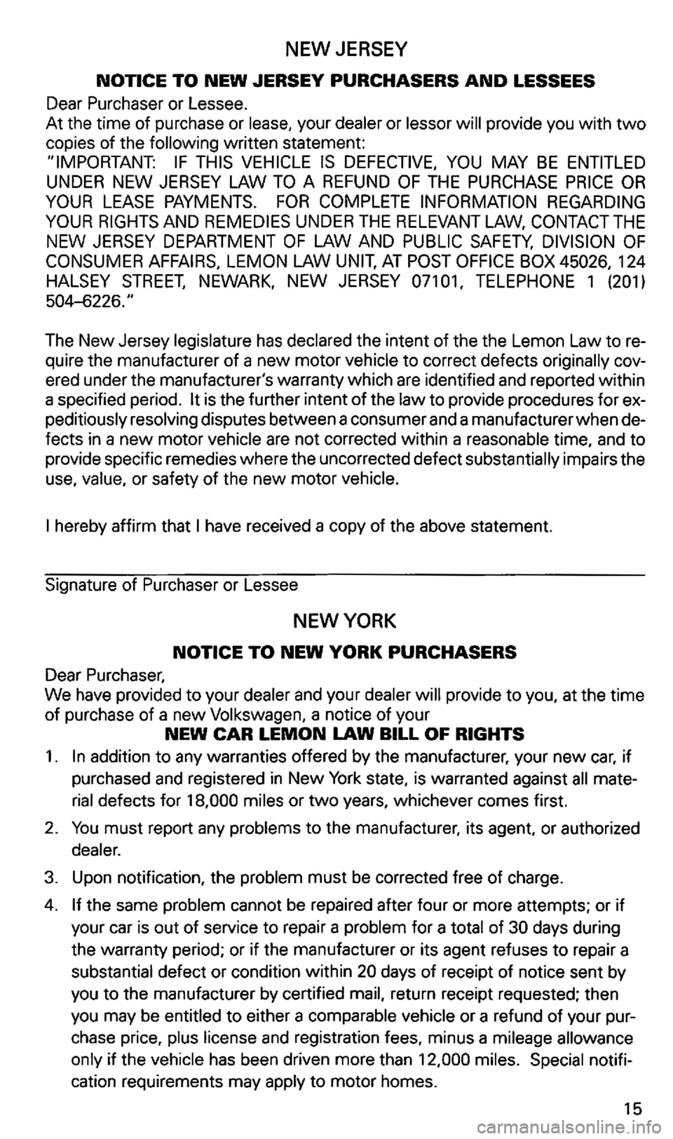 VOLKSWAGEN GOLF 1998  Owners Manual NEW JERSEY  