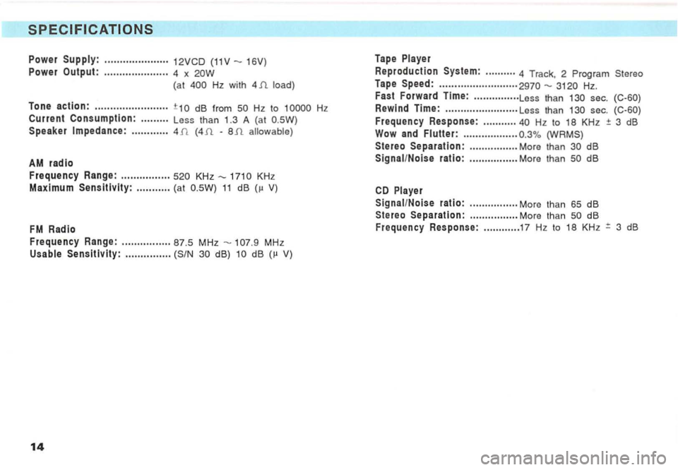 VOLKSWAGEN GOLF 1996  Owners Manual Power ..................... 
Power Output: ........ .............  4  x 
Tape 
Hz with 4 load)  Tape 
Speed:  .... .... ........ .......... 
H z  to 
Speaker ............ -allowable)  Fast 
Forward  T