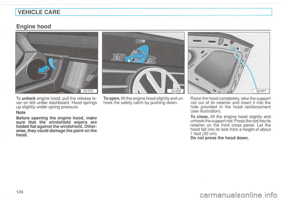 VOLKSWAGEN GOLF 1995  Owners Manual ver on left  under  dashboard.  Hood springs 
up slightly  under  spring  pressure. 
Note  Before 
opening the engine hood,  make sure that the windshield wipers are folded flat against the windshield