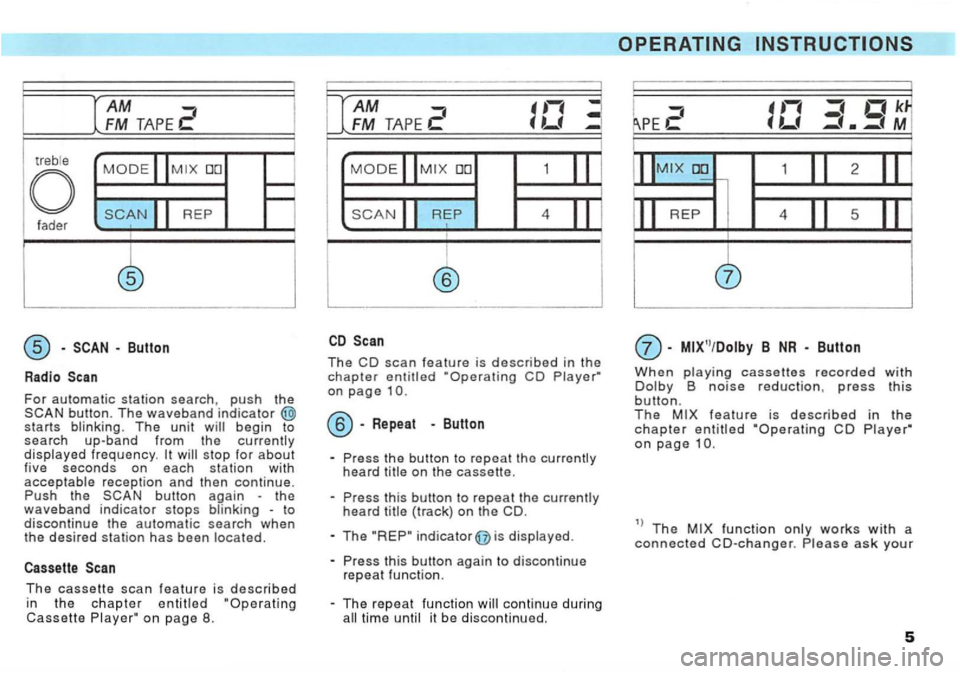 VOLKSWAGEN GOLF 1995  Owners Manual AM 
treble 
fa der 
Button 
Radio Scan 
For automatic station search, push the 
starts blinking. The unit 
stop for about five seconds on each station with acceptable reception and then continue. the 