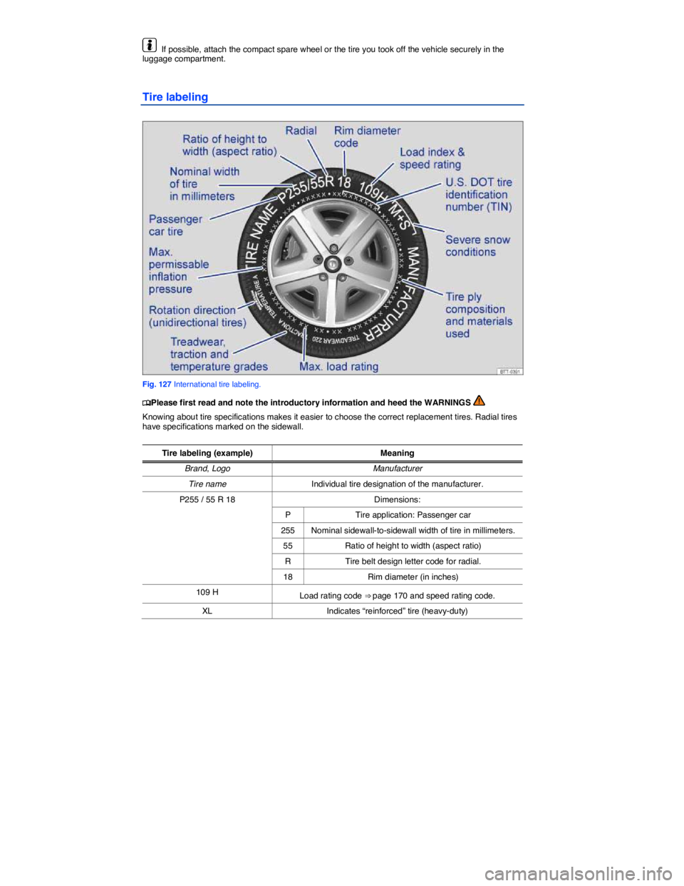 VOLKSWAGEN PASSAT 2012  Owners Manual  
  If possible, attach the compact spare wheel or the tire you took off the vehicle securely in the luggage compartment. 
Tire labeling 
 
Fig. 127 International tire labeling. 
�
