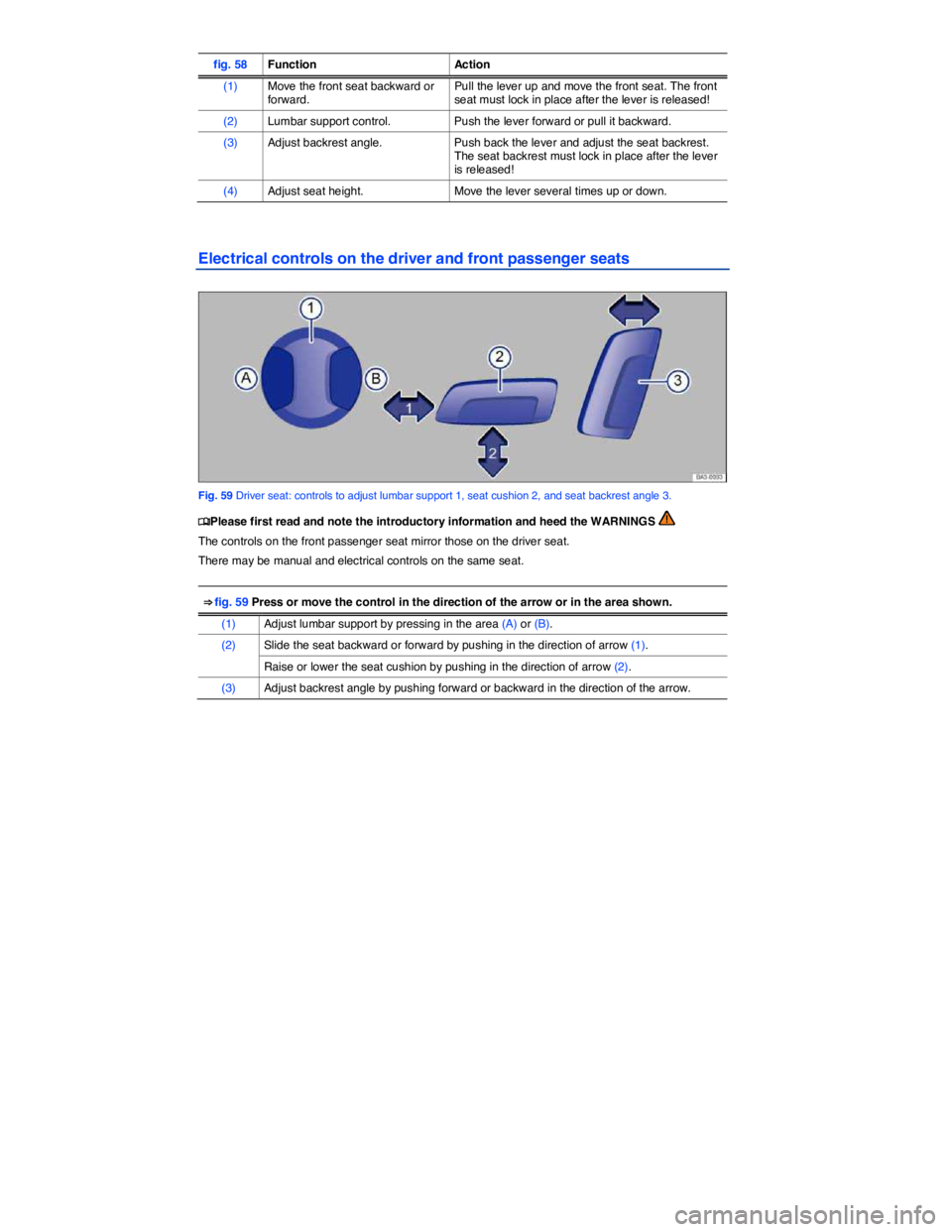 VOLKSWAGEN PASSAT 2012  Owners Manual  
fig. 58 Function Action
(1) Move the front seat backward or forward. Pull the lever up and move the front seat. The front seat must lock in place after the lever is released! 
(2) Lumbar support con
