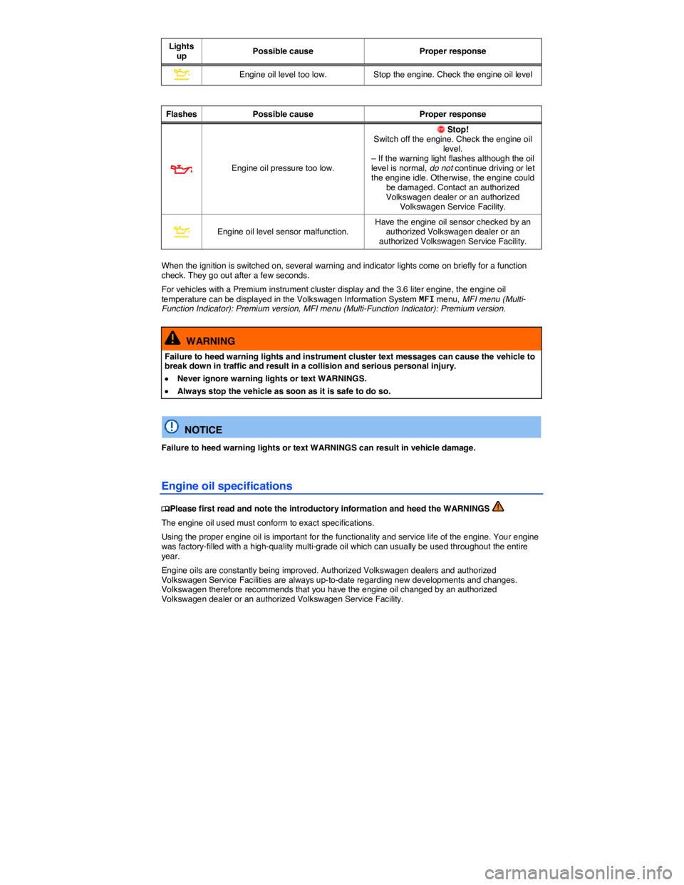 VOLKSWAGEN PASSAT 2010  Owners Manual  
Lights up Possible cause  Proper response 
�