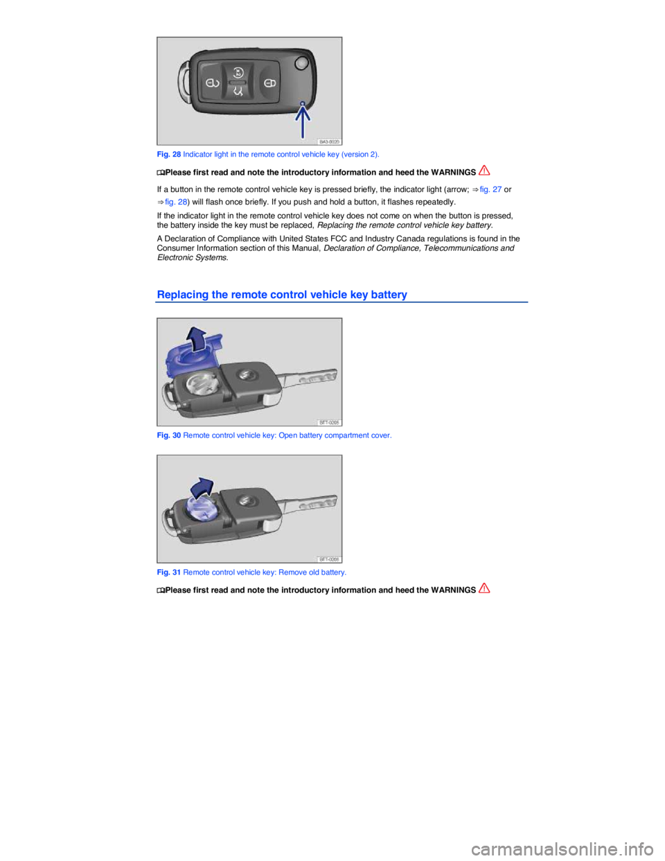 VOLKSWAGEN PASSAT 2010  Owners Manual  
 
Fig. 28 Indicator light in the remote control vehicle key (version 2). 
�