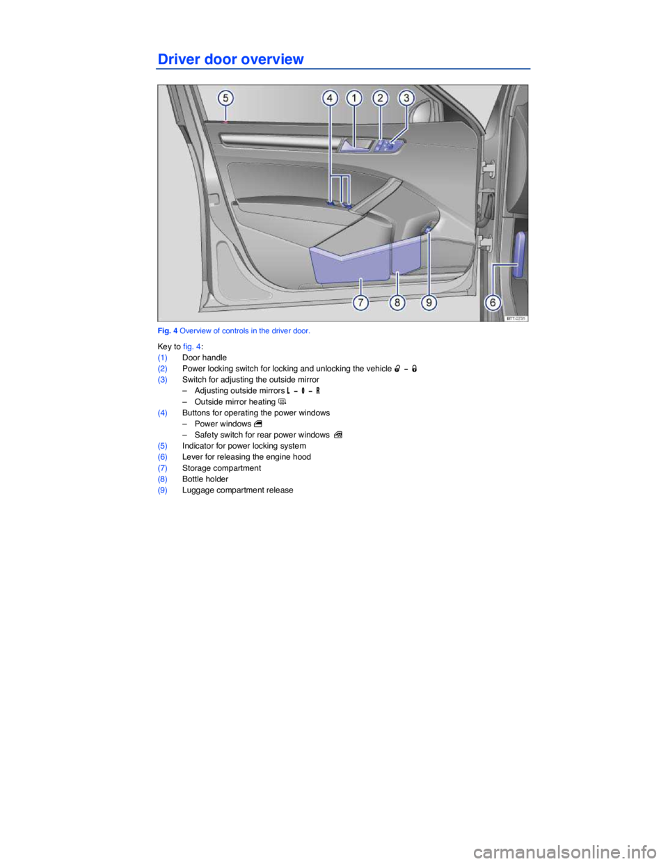 VOLKSWAGEN PASSAT 2008  Owners Manual  
Driver door overview 
 
Fig. 4 Overview of controls in the driver door. 
Key to fig. 4: 
(1) Door handle  
(2) Power locking switch for locking and unlocking the vehicle �0 �
