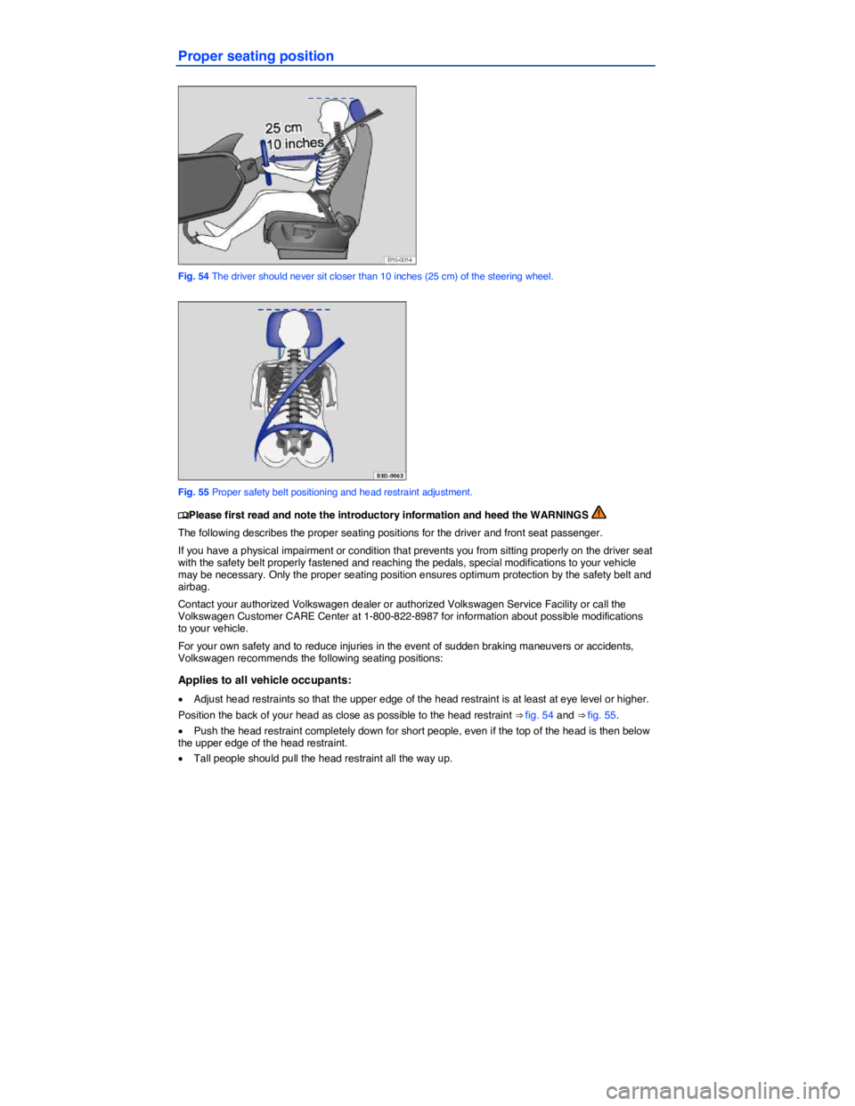 VOLKSWAGEN PASSAT 2008  Owners Manual  
Proper seating position 
 
Fig. 54 The driver should never sit closer than 10 inches (25 cm) of the steering wheel. 
 
Fig. 55 Proper safety belt positioning and head restraint adjustment. 
�