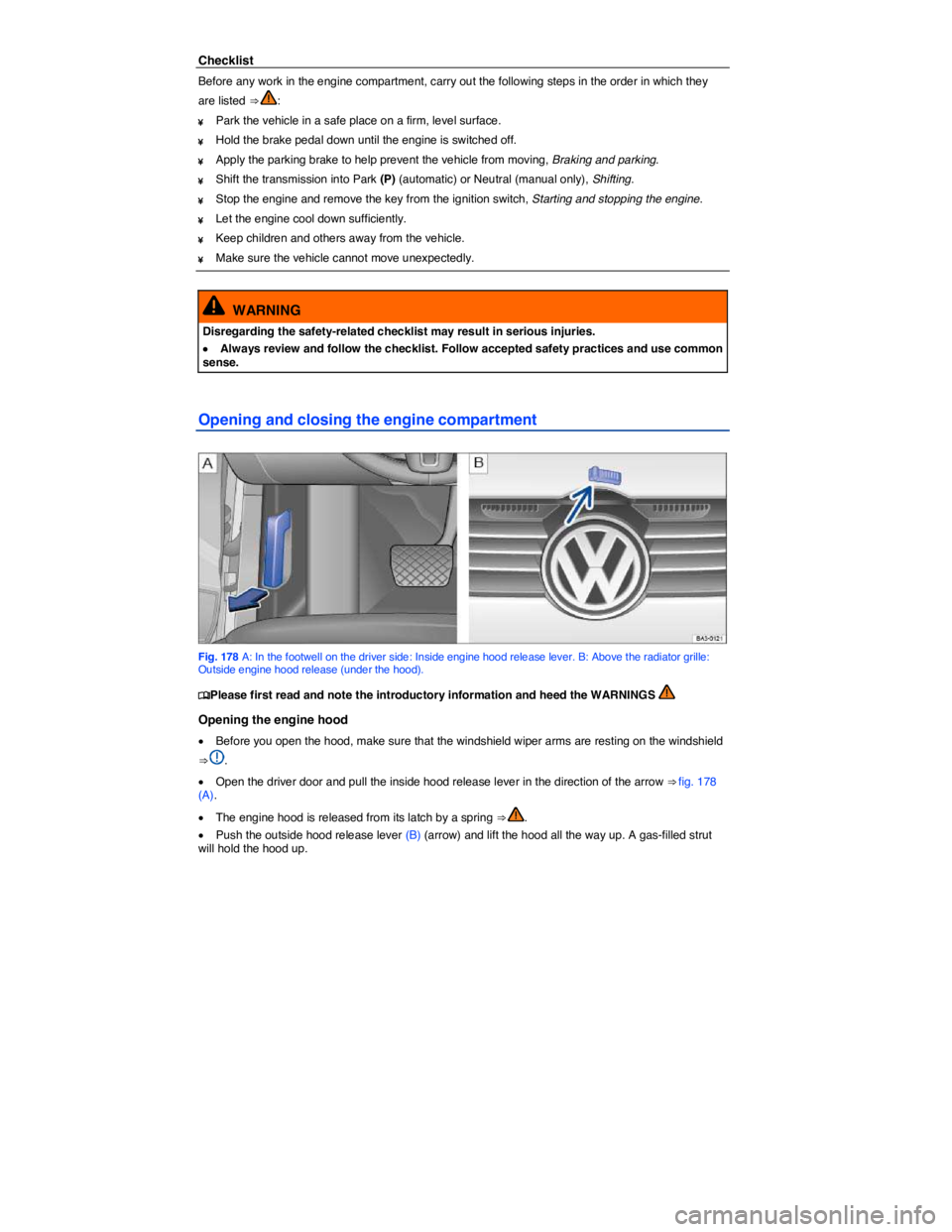 VOLKSWAGEN PASSAT 2007  Owners Manual  
Checklist 
Before any work in the engine compartment, carry out the following steps in the order in which they 
are listed ⇒ : 
¥ Park the vehicle in a safe place on a firm, level surface. 
¥ 