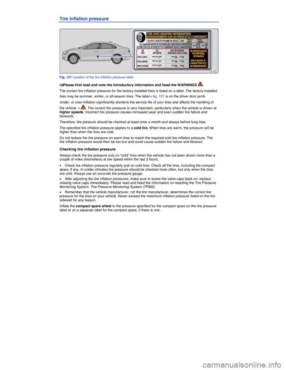 VOLKSWAGEN PASSAT 2006  Owners Manual  
Tire inflation pressure 
 
Fig. 121 Location of the tire inflation pressure label. 
�