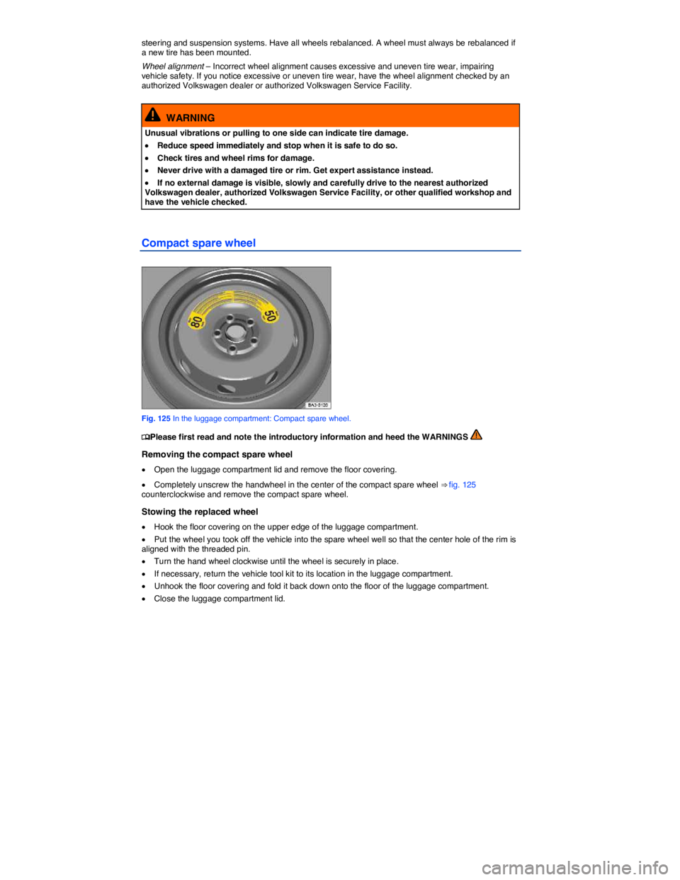 VOLKSWAGEN PASSAT 2006  Owners Manual  
steering and suspension systems. Have all wheels rebalanced. A wheel must always be rebalanced if a new tire has been mounted. 
Wheel alignment – Incorrect wheel alignment causes excessive and une