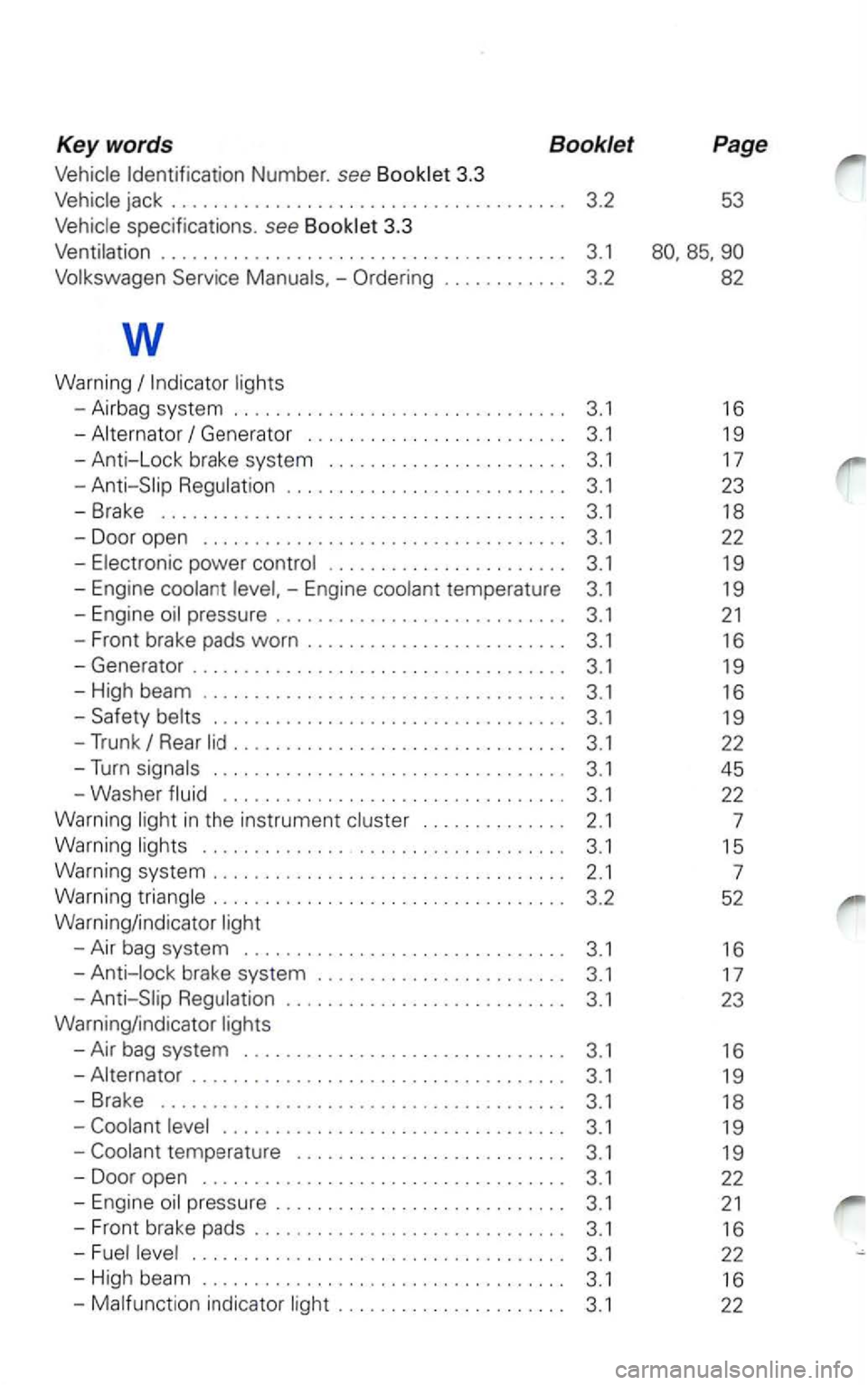 VOLKSWAGEN PASSAT 2005  Owners Manual Identification Number. see 3.3 
specificat ions. see 3.3 
Vent ilation 
............................... 3.1 
Service -Ordering .... 3.2 
w 
Warning 
- Airbag  system .......... 
3.1 
-Anti-Lock  brake