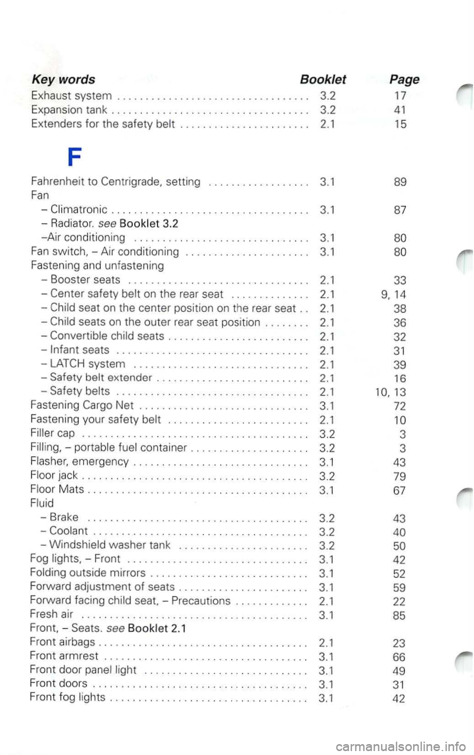 VOLKSWAGEN PASSAT 2003 Owners Manual Key words Booklet
E xhaust system . . . . . . . . . . . . . . . . . . . . . . . . . . . . . . . . . . 3.2
E xpansio n tank . . . . . . . . . . . . . . . . . . . . . . . . . . . . . VOLKSWAGEN PASSAT 2003 Owners Manual Key words Booklet
E xhaust system . . . . . . . . . . . . . . . . . . . . . . . . . . . . . . . . . . 3.2
E xpansio n tank . . . . . . . . . . . . . . . . . . . . . . . . . . . . .