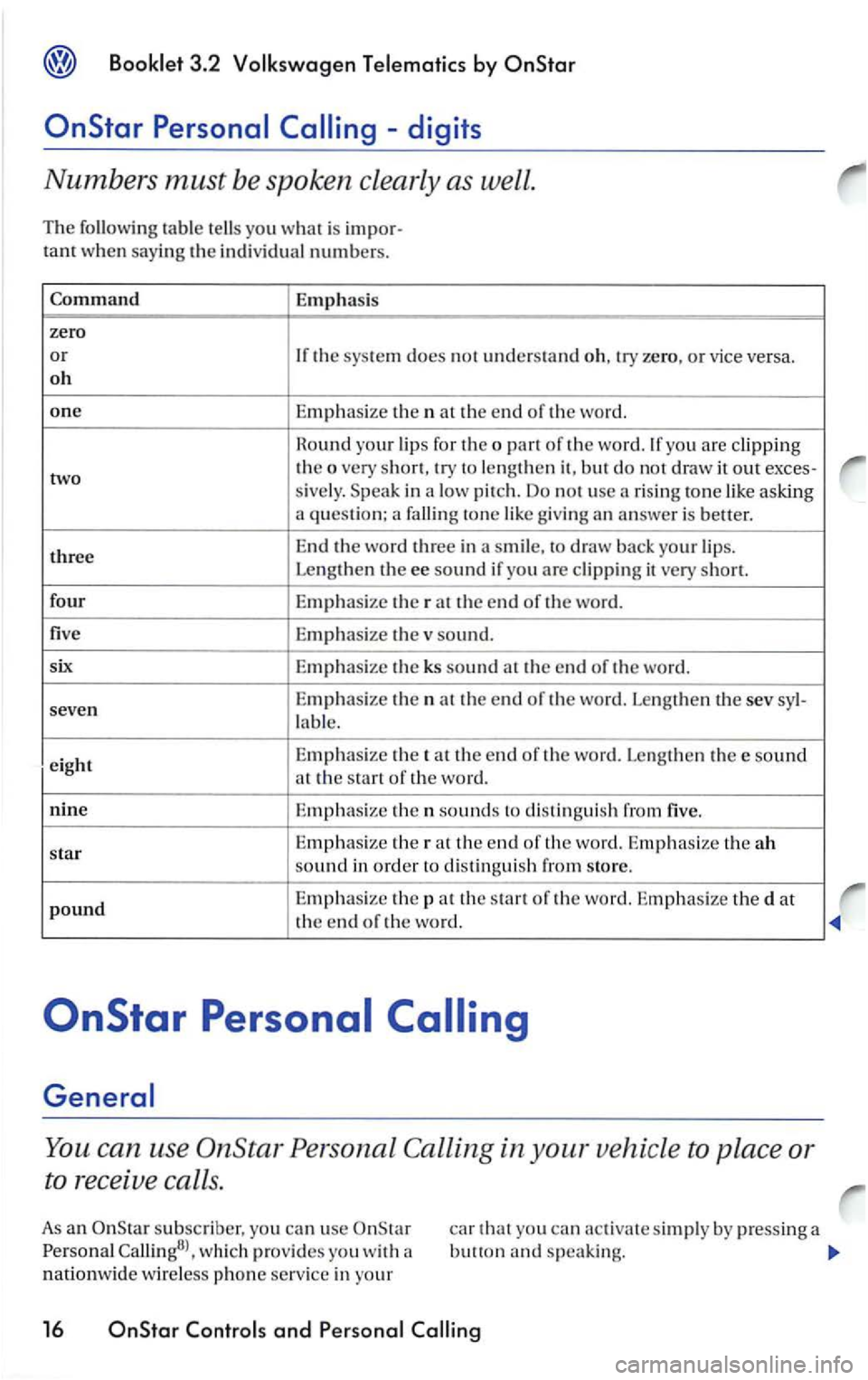 VOLKSWAGEN PASSAT 2003 Owners Manual Booklet 3 .2 Volk swagen Tele matic s by
Emphasis
zero
or If the system does no t understand o h, try zero, or vice versa.
o h
one Emphasize th e n at the end of the word.
R o
und your lip VOLKSWAGEN PASSAT 2003 Owners Manual Booklet 3 .2 Volk swagen Tele matic s by
Emphasis
zero
or If the system does no t understand o h, try zero, or vice versa.
o h
one Emphasize th e n at the end of the word.
R o
und your lip
