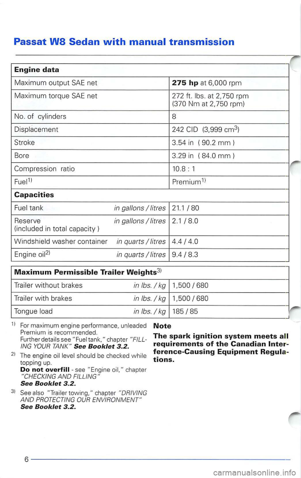 VOLKSWAGEN PASSAT 2003  Owners Manual Passat 
at 2. rpm 
(370  Nm at 
ratio  10.8: 1 
Reserve in gallons (included  in 
Engine in quarts 
with brakes in lbs. /kg 
Tongue in lbs. /kg 185 
is recommended. 
Fur1herdetails  see 
See Booklet 3