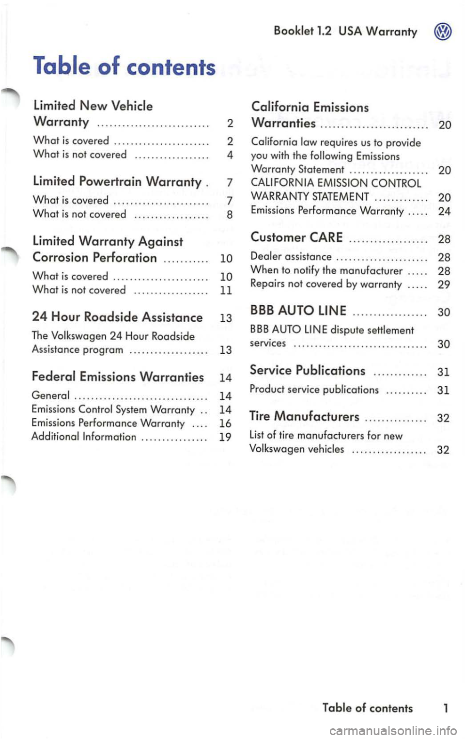 VOLKSWAGEN PASSAT 2003  Owners Manual What is covered .. .. .. .. .. .. ..  .. .. .. .. . 
What is not covered .. ..  .. .. .. . .. .. .. . 11 
24 Hour Roadside Assistance 13 
The 
Emissions Warranties 1 4 
.................. ............