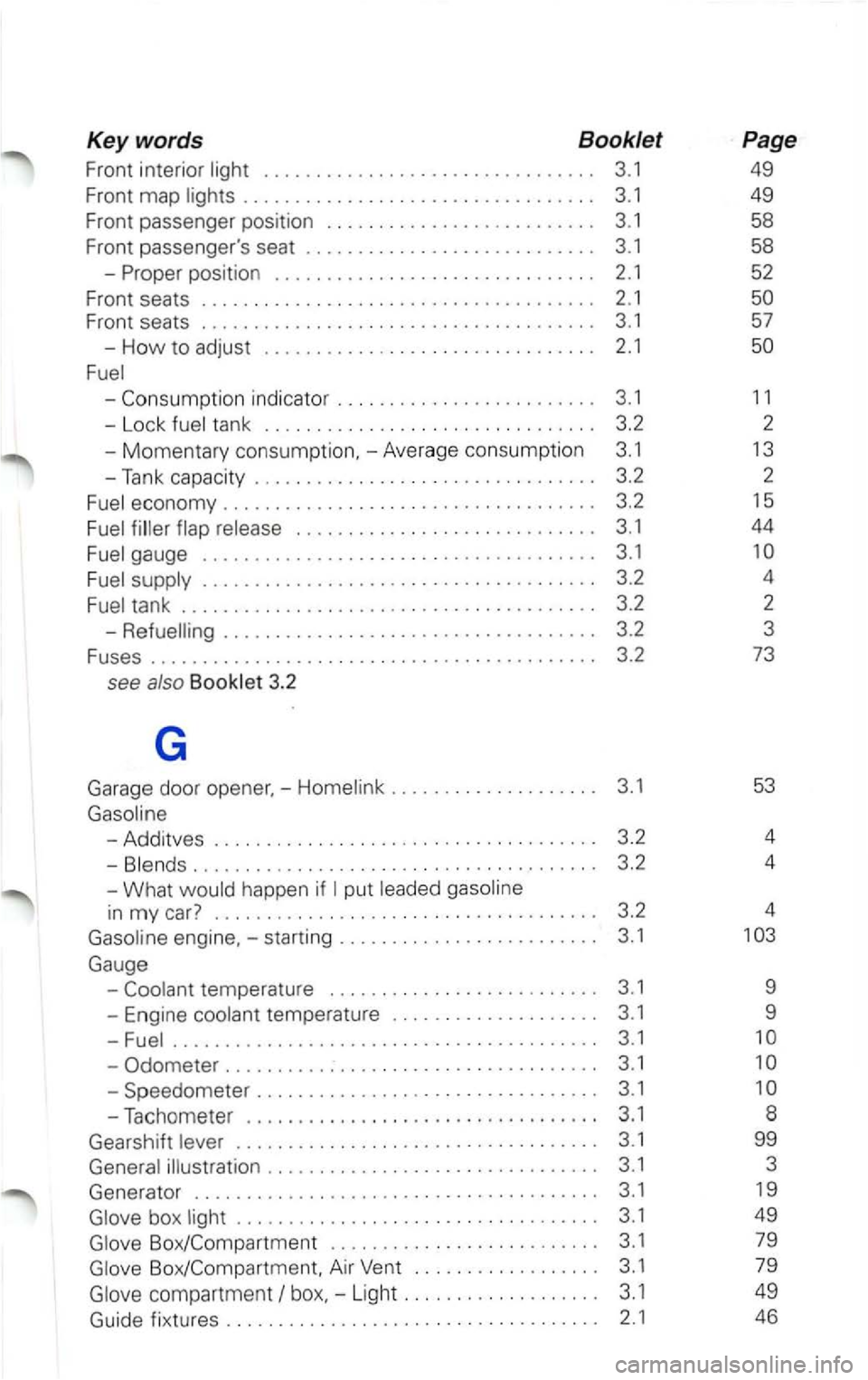 VOLKSWAGEN PASSAT 2002 Owners Manual Key words Booklet
Front interior . . . . . . . . . . . . . . . . . . . . . . . . . . . . . . . . 3.1
Front map
-
economy . . . . . . . . . . . . . . . . . . . . . . . . . . . . . VOLKSWAGEN PASSAT 2002 Owners Manual Key words Booklet
Front interior . . . . . . . . . . . . . . . . . . . . . . . . . . . . . . . . 3.1
Front map
-
economy . . . . . . . . . . . . . . . . . . . . . . . . . . . . .
