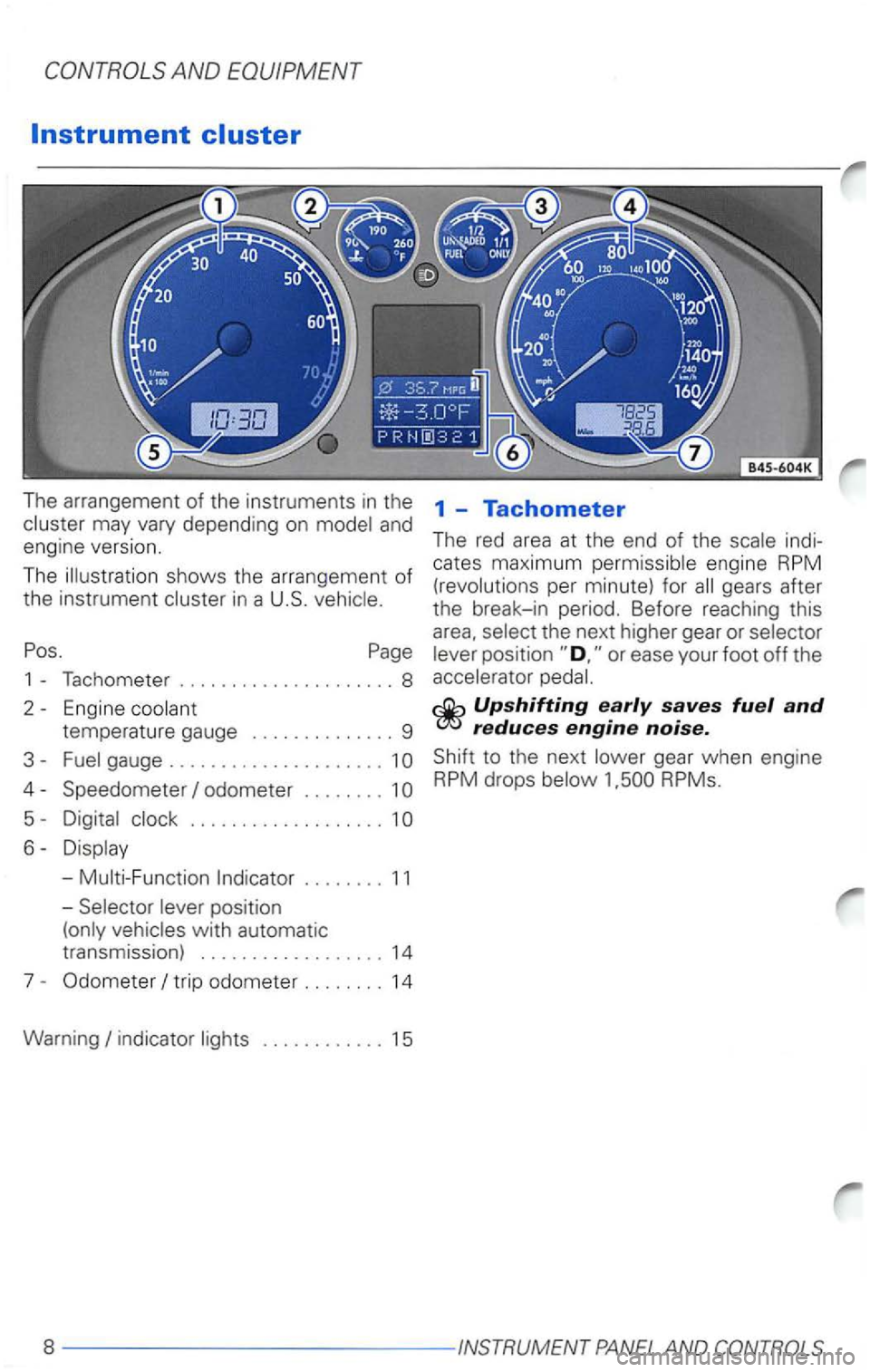 VOLKSWAGEN PASSAT 2002  Owners Manual may vary  depending  on 
shows the arrangement  of 
the  instrument 
Pos. Page 
1 - Tachomete r ..................... 8 
2  -
Engine temperature  gauge ............ .. 9 
3-gauge .....................