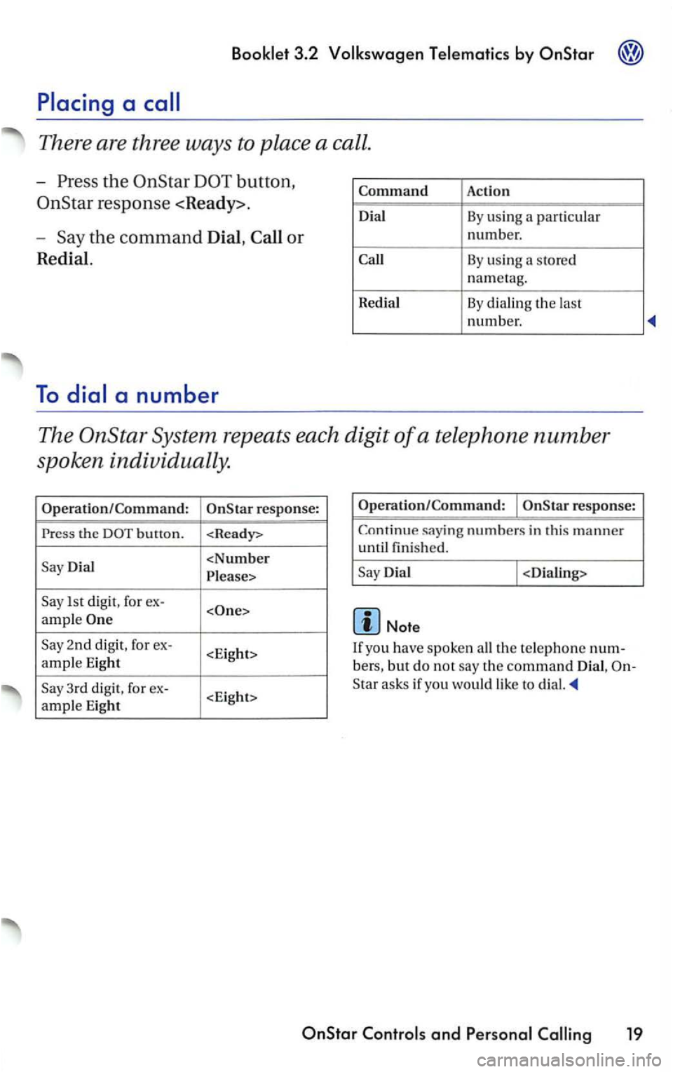 VOLKSWAGEN PASSAT 2002  Owners Manual th e button, 
the command Dial , Call or 
Redial. 
To dial  a number 
Command 
Di al 
Ca ll 
R edial 
Action 
By usin g a particular 
number. 
By us ing a stored 
nametag. 
By dia lin g the  la st num
