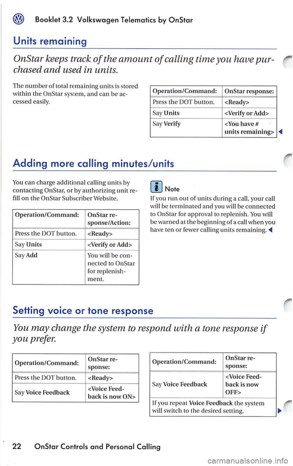 VOLKSWAGEN PASSAT 2002  Owners Manual Units remaining 
OnStar  keeps track of the amount of calling time you have  pur­
c h ased 
and used  in units. 
Th e number of total  remaining  unit s is  stored 
w i
thin th e sys te m , and ca n 
