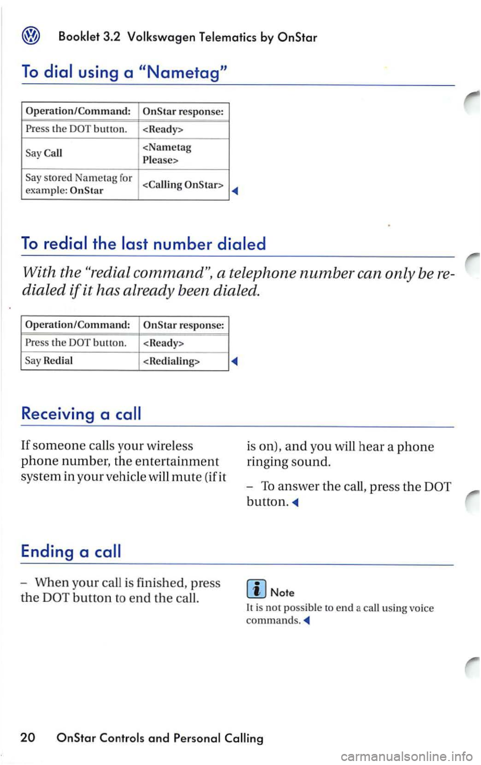 VOLKSWAGEN PASSAT 1999  Owners Manual Booklet  3 .2  Volkswagen T ele matics by 
To dial  using  a 
Operation/Command: response: 
the DOT  button. 
Call <Nametag 
To redial  the last  number dialed 
With  the 
response: 
the DOT button. 
