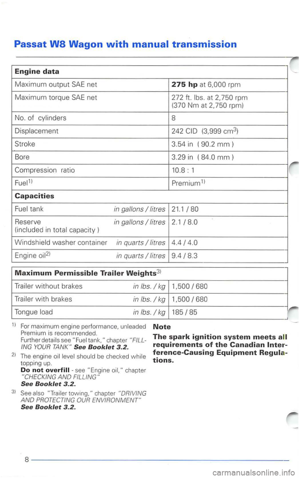 VOLKSWAGEN PASSAT 1997  Owners Manual Passat 
Maximum output SAE net 275 hp at rpm 
Maximum torque SAE net 272  ft. rpm Nm at 2. 
mm) 
Bore  3.29 in ( mm) 
Premium1l 
Capacities 
tank in gallons 
Reserve in gallons capacity ) 
Engine in q