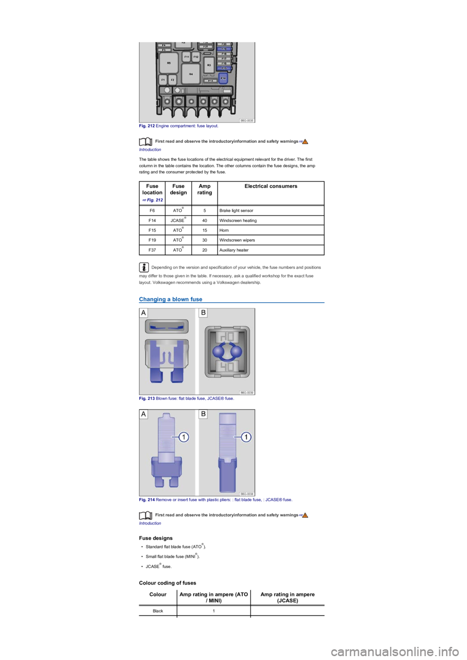 VOLKSWAGEN TIGUAN WOLFSBURG 2017 Owners Manual Fig. 212 Engine compartment: fuse layout.
First read and observe the introductoryinformation and safety warnings⇒
Introduction
The table shows the fuse locations of the electrical equipment relevant VOLKSWAGEN TIGUAN WOLFSBURG 2017 Owners Manual Fig. 212 Engine compartment: fuse layout.
First read and observe the introductoryinformation and safety warnings⇒
Introduction
The table shows the fuse locations of the electrical equipment relevant