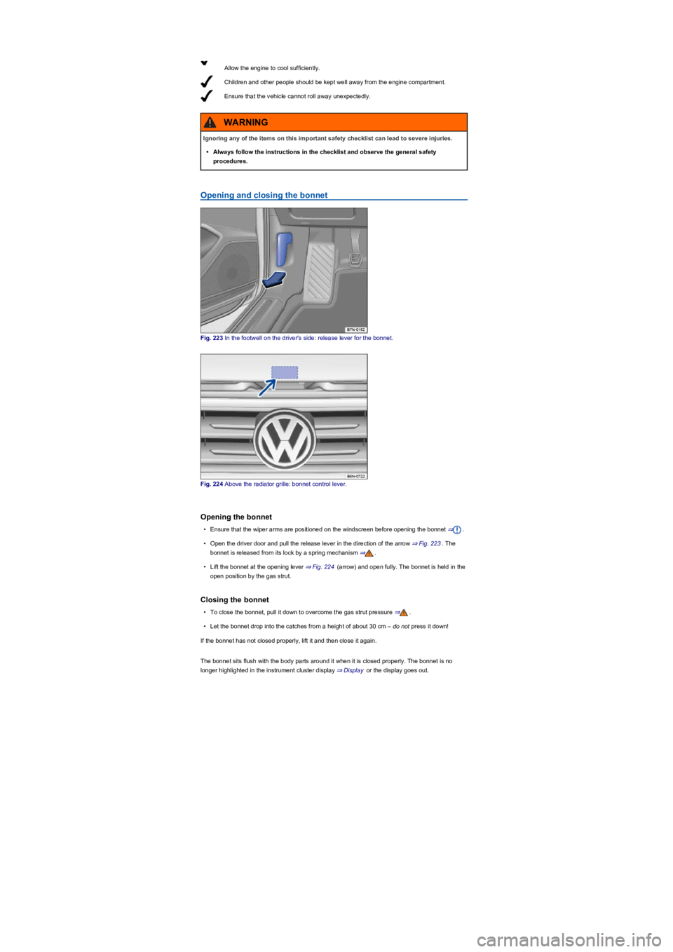 VOLKSWAGEN TIGUAN WOLFSBURG 2017  Owners Manual Allow the engine to cool sufficiently.
Children and other people should be kept well away from the engine compartment.
Ensure that the vehicle cannot roll away unexpectedly.
Opening and closing the bo