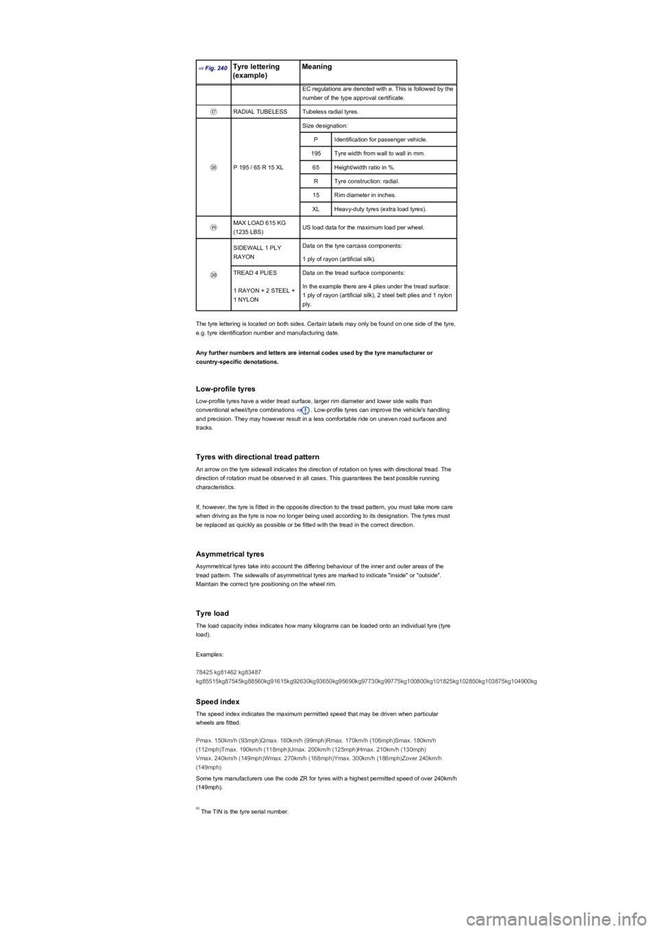 VOLKSWAGEN TIGUAN WOLFSBURG 2017  Owners Manual ⇒ Fig. 240Tyre lettering 
(exampleyf
Meaning
EC regulations are denoted with e. This is followed by the 
number of the type approval certificate.
⑰RADIAL TUBELESSTubeless radial tyres.
⑱P 195 