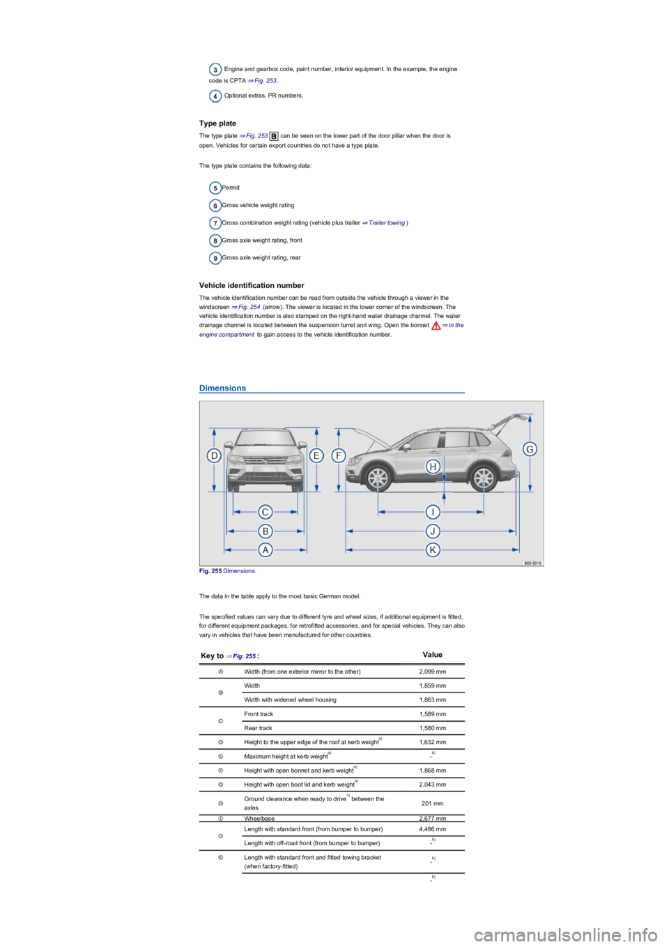 VOLKSWAGEN TIGUAN WOLFSBURG 2017  Owners Manual Engine and gearbox code, paint number, interior equipment. In the example, the engine 
code is CPTA ⇒ Fig. 253.
Optional extras, PR numbers.
Type plate
The type plate ⇒ Fig. 253 can be seen on