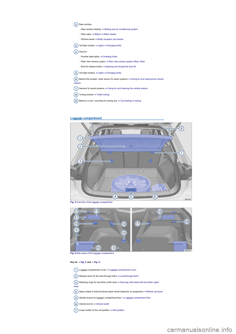 VOLKSWAGEN TIGUAN WOLFSBURG 2017  Owners Manual Rear window:
- Rear window heating ⇒ Heating and air conditioning system
- Rear wiper ⇒ Wipers⇒ Wiper blades
- Window aerial ⇒ Radio reception and aerials
Tail light clusters ⇒ 