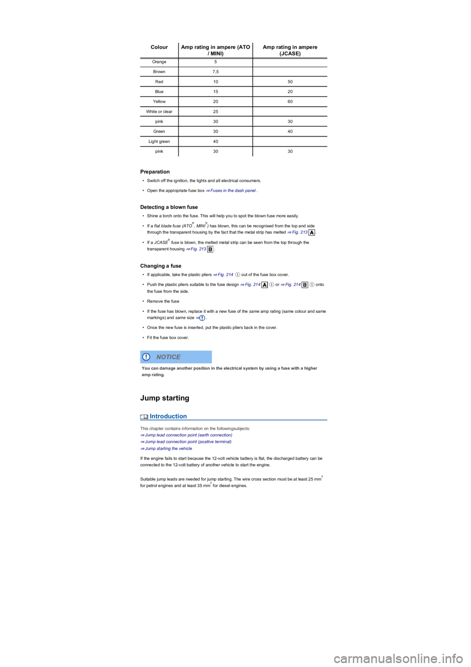VOLKSWAGEN TIGUAN 2020 Owners Manual ColourAmp rating in ampere (ATO
/ MINIyf
Amp rating in ampere
(JCASEyf
Orange5
Brown7,5
Red1050
Blue1520
Yellow2060
White or clear25
pink3030
Green3040
Light green40
pink3030
Preparation
•Switch o VOLKSWAGEN TIGUAN 2020 Owners Manual ColourAmp rating in ampere (ATO
/ MINIyf
Amp rating in ampere
(JCASEyf
Orange5
Brown7,5
Red1050
Blue1520
Yellow2060
White or clear25
pink3030
Green3040
Light green40
pink3030
Preparation
•Switch o