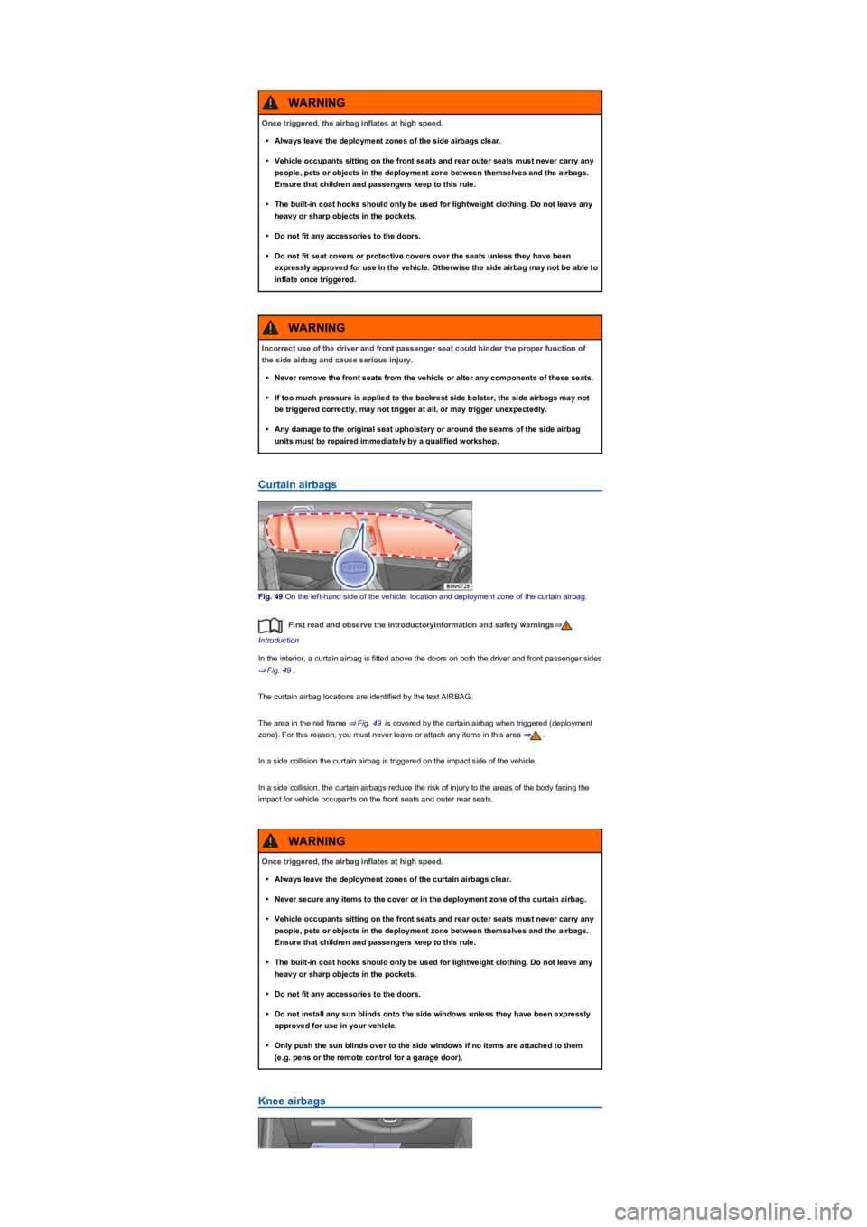 VOLKSWAGEN TIGUAN 2020  Owners Manual Curtain airbags
Fig. 49 On the left-hand side of the vehicle: location and deployment zone of the curtain airbag.
First read and observe the introductoryinformation and safety warnings⇒
Introduction