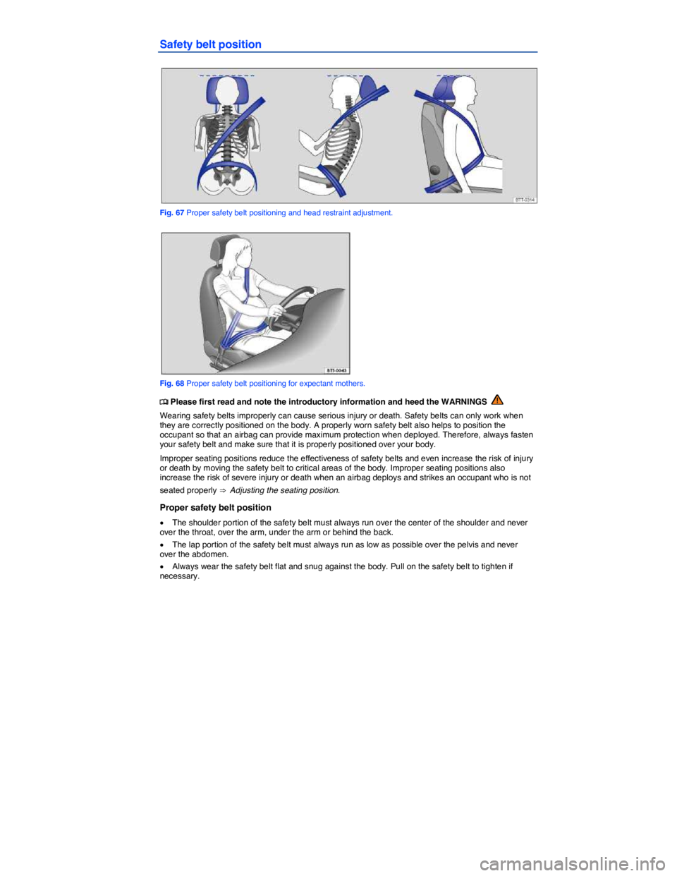 VOLKSWAGEN TIGUAN 2007  Owners Manual  
Safety belt position 
 
Fig. 67 Proper safety belt positioning and head restraint adjustment. 
 
Fig. 68 Proper safety belt positioning for expectant mothers. 
�