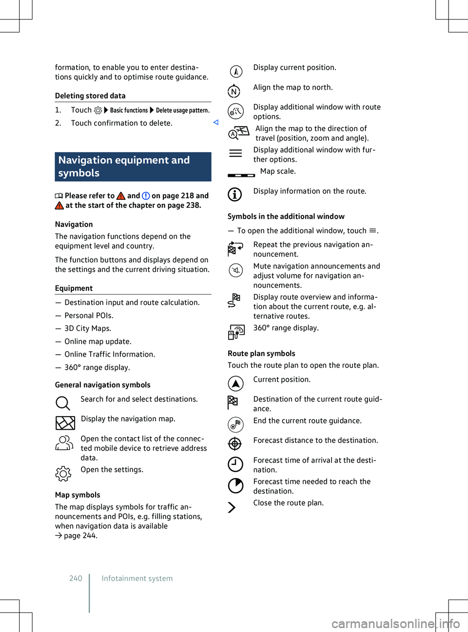 VOLKSWAGEN ID.4 2022  Owners Manual formation, to enable you to enter destina-
tions quickly and to optimise route guidance.
Deleting stored data
   Basic functions   Delete usage pattern.
2. Touch confirmation to delete. Navigation equ