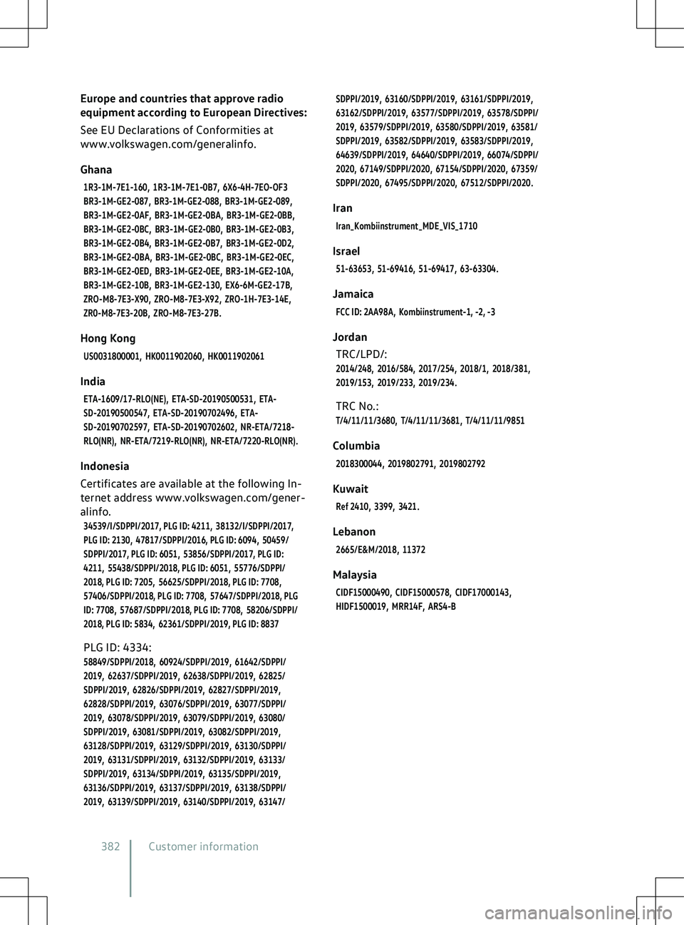 VOLKSWAGEN ID.4 2021 Owners Manual Europe and countries that approve radio
equipment according to European Directiv
es:
See EU Declarations of Conformities at
www.volkswagen.com/generalinfo.
Ghana
1R3-1M-7E1-160, 1R3-1M-7E1-0B7, 6X6-4H VOLKSWAGEN ID.4 2021 Owners Manual Europe and countries that approve radio
equipment according to European Directiv
es:
See EU Declarations of Conformities at
www.volkswagen.com/generalinfo.
Ghana
1R3-1M-7E1-160, 1R3-1M-7E1-0B7, 6X6-4H